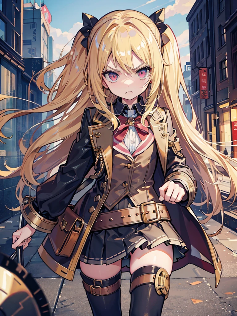 Best Quality、without background、１Little Girl、Semi-long Blonde Hair、Angry look、Steampunk attire、a miniskirt