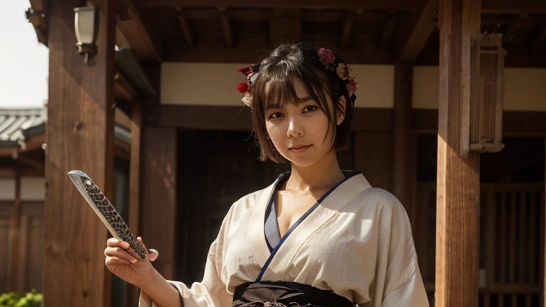 1girl, solo, japanese clothes, short hair, weapon, sword, brown eyes, looking at viewer, kimono, brown hair, lips, hand on hip, sheath, smile, katana, black hair, upper body, closed mouth, sheathed, hand up