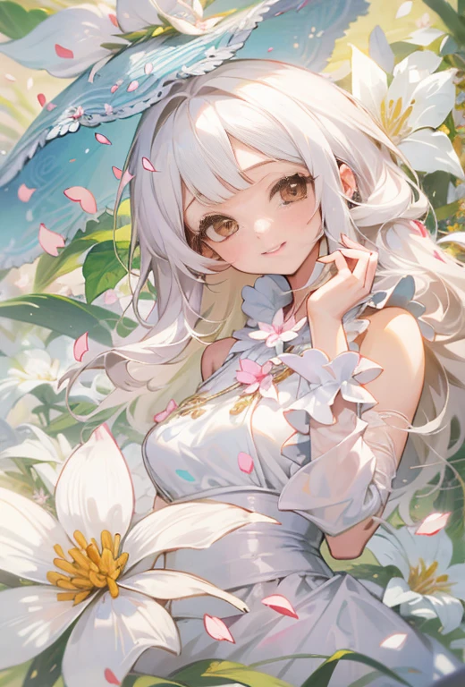 1 girl in、masterpiece、best qualtiy、Gentle smile、Brown eyes、White hair、Onepiece、Petals flutter、Delicate