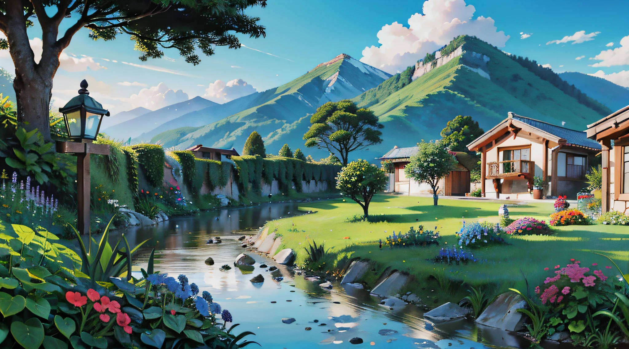 Illustration of mountain villas, cachoeiras no quintal, uma linda trilha de tijolos conduzem a um lindo jardim florido, um belo jardim gramado, amazing nevens, birds draw the skies