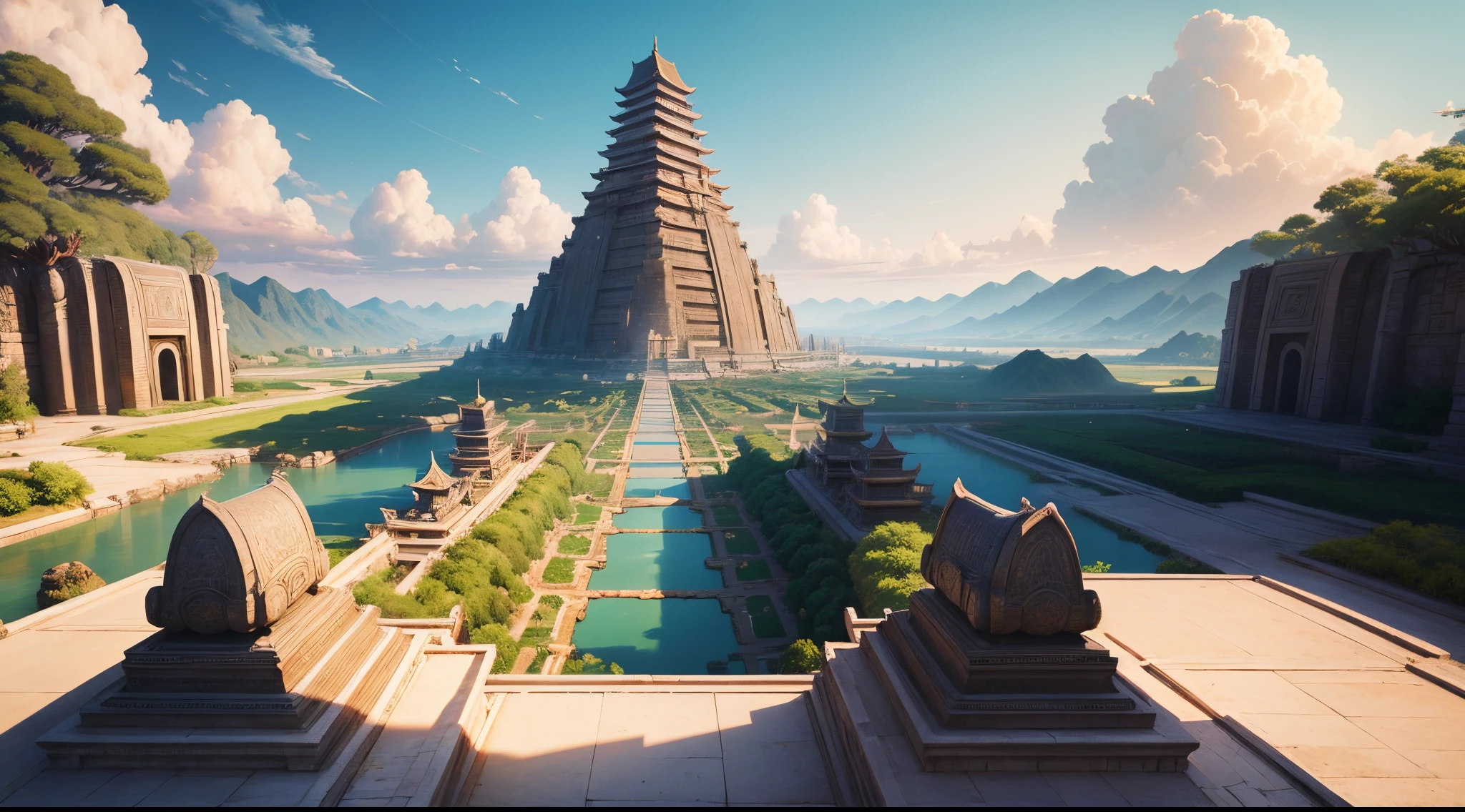 masterpiece, perfect lighting, perfect quality, animated, digital art, Giant ancient Asian city, alive, ba sing se, utopia , oasis, sunset, wide angle, ultra detailed, landscape, blue sky, minimal clouds