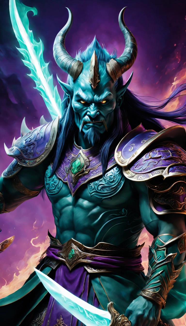 Best quality，ultradetailed，realistically：1.37，Chinese mythology，asuras，King of Devils，terrible death，light blue colored skin，Eyes glowing green，machete，has horns on its head，heavy muscular figure，elegant armor，delicate patterns，Glowing aura，Surrounded by purple flames，Desolate battlefield background，Defeat demons and evil spirits，(That is a portrait at length)，Divine wrath，majestic and powerful，mythological creatures