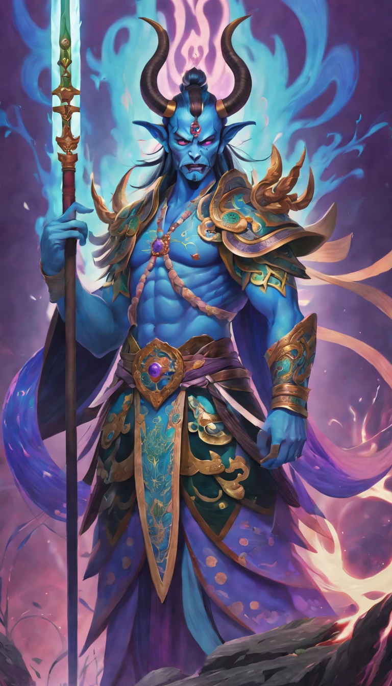 Best quality，ultradetailed，realistically：1.37，Chinese mythology，asuras，King of Devils，terrible death，light blue colored skin，Eyes glowing green，machete，has horns on its head，heavy muscular figure，elegant armor，delicate patterns，Glowing aura，Surrounded by purple flames，Desolate battlefield background，Defeat demons and evil spirits，(That is a portrait at length)，Divine wrath，majestic and powerful，mythological creatures
