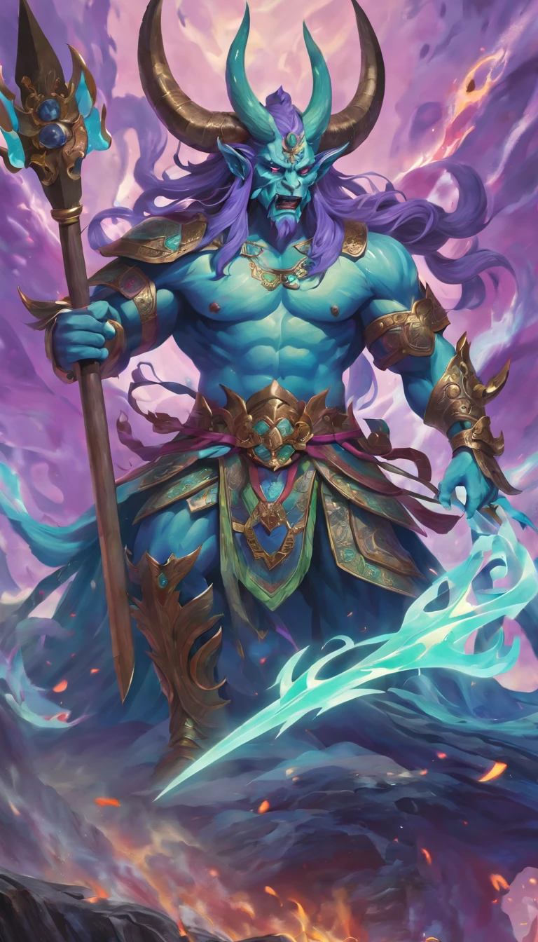 Best quality，ultradetailed，realistically：1.37，Chinese mythology，asuras，King of Devils，terrible death，light blue colored skin，Eyes glowing green，machete，has horns on its head，heavy muscular figure，elegant armor，delicate patterns，Glowing aura，Surrounded by purple flames，Desolate battlefield background，Defeat demons and evil spirits，(That is a portrait at length)，Divine wrath，majestic and powerful，mythological creatures