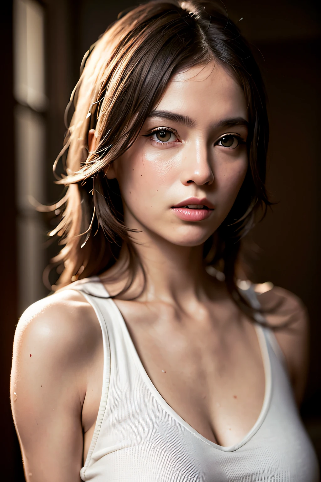 RAW photograph, best quality, masterpiece, an extremely delicate and beautiful, extremely detailed, CG, unity, 8k wallpaper, Amazing detailed, finely detailed, masterpiece, best quality, official art, extremely detailed CG unity 8k wallpaper, ultra-detailed, highres, extremely detailed, clear, focused, (best quality), (realistic, photo-realistic:1.6), 8k, soft lighting, high quality, cinematic lighting, 1girl, centered, full body, redhead, (sweat:1), perfect fingers, long hair