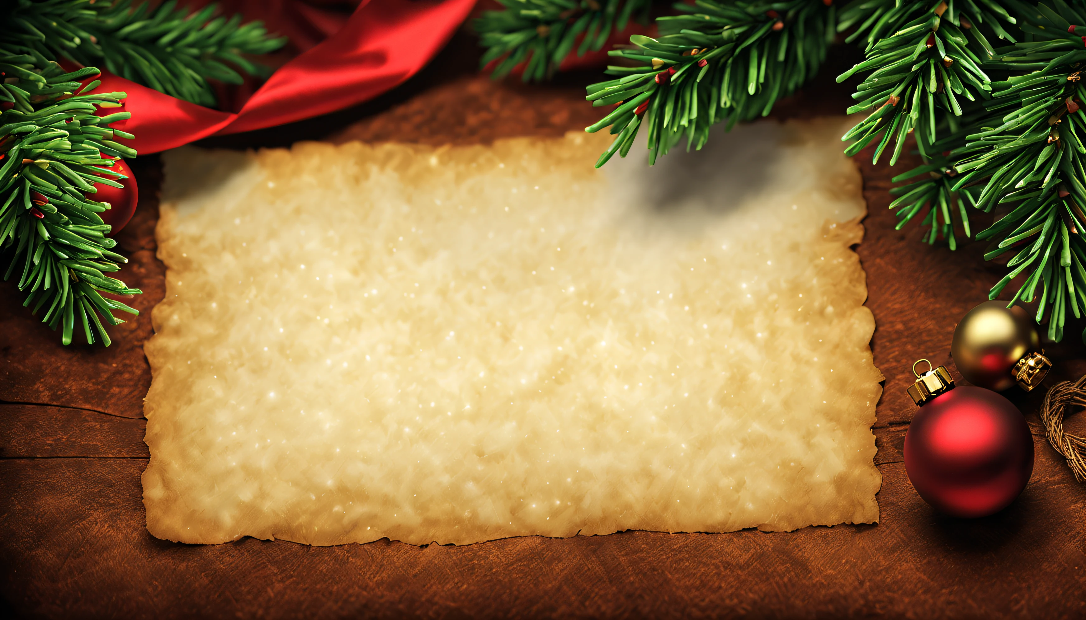 Blank parchment, pen nib, background: christmas fir, christmaswreath, x-mas beautiful atmosphere, magic, cozy, dreamy, digital art, details by greg rutkowski