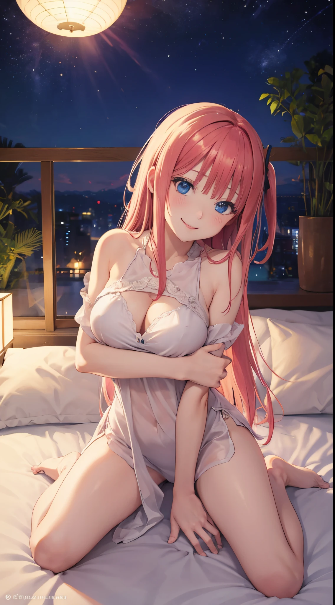 Nino Nakano sonriendo ,erotic clothes,cama de noche