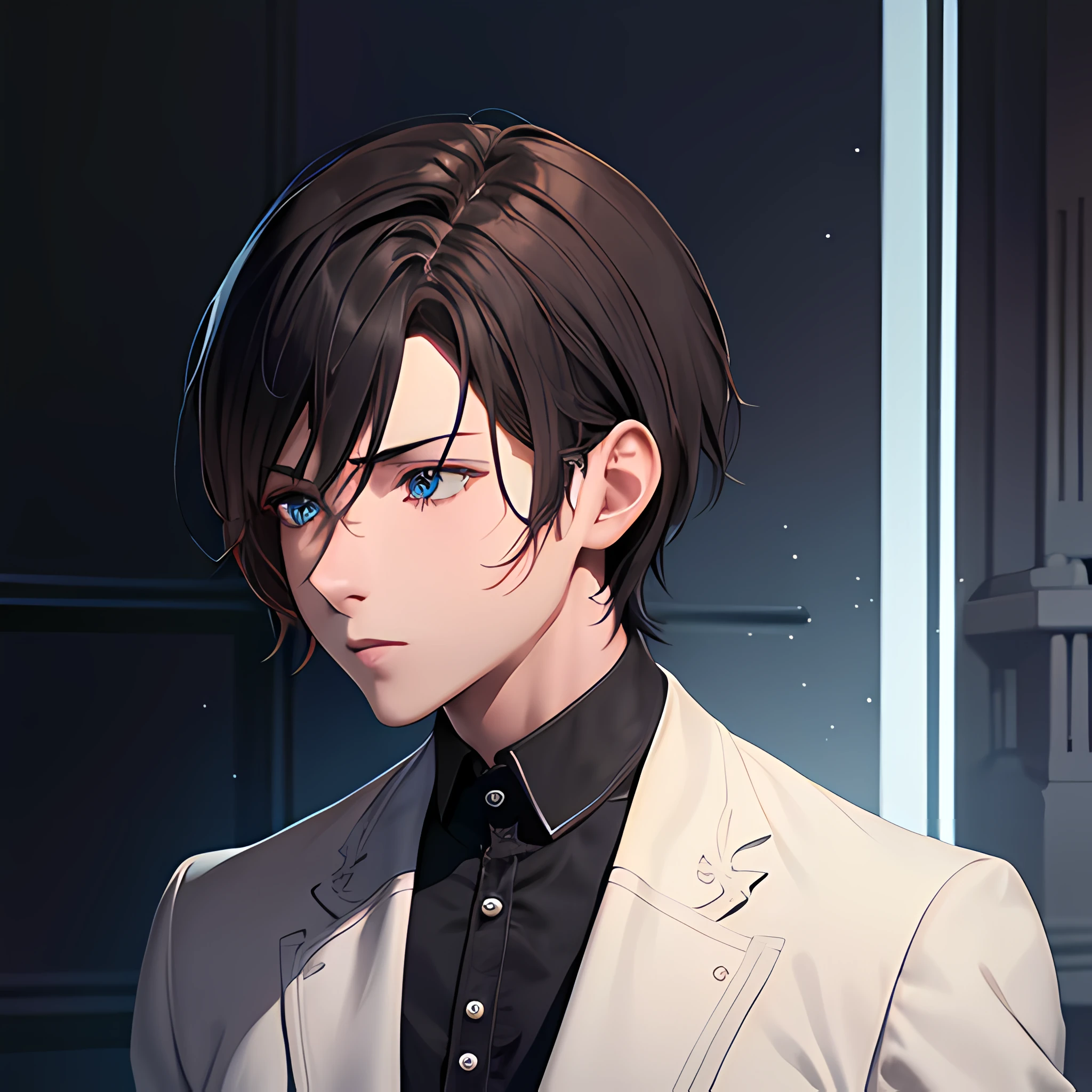 man,short brown hair,blue eye,white suit,black shirt,soft lighting, volumetric lighting, intricate details, hyper detailed,(extremely fine and beautiful), (perfect details),semi side view,half body