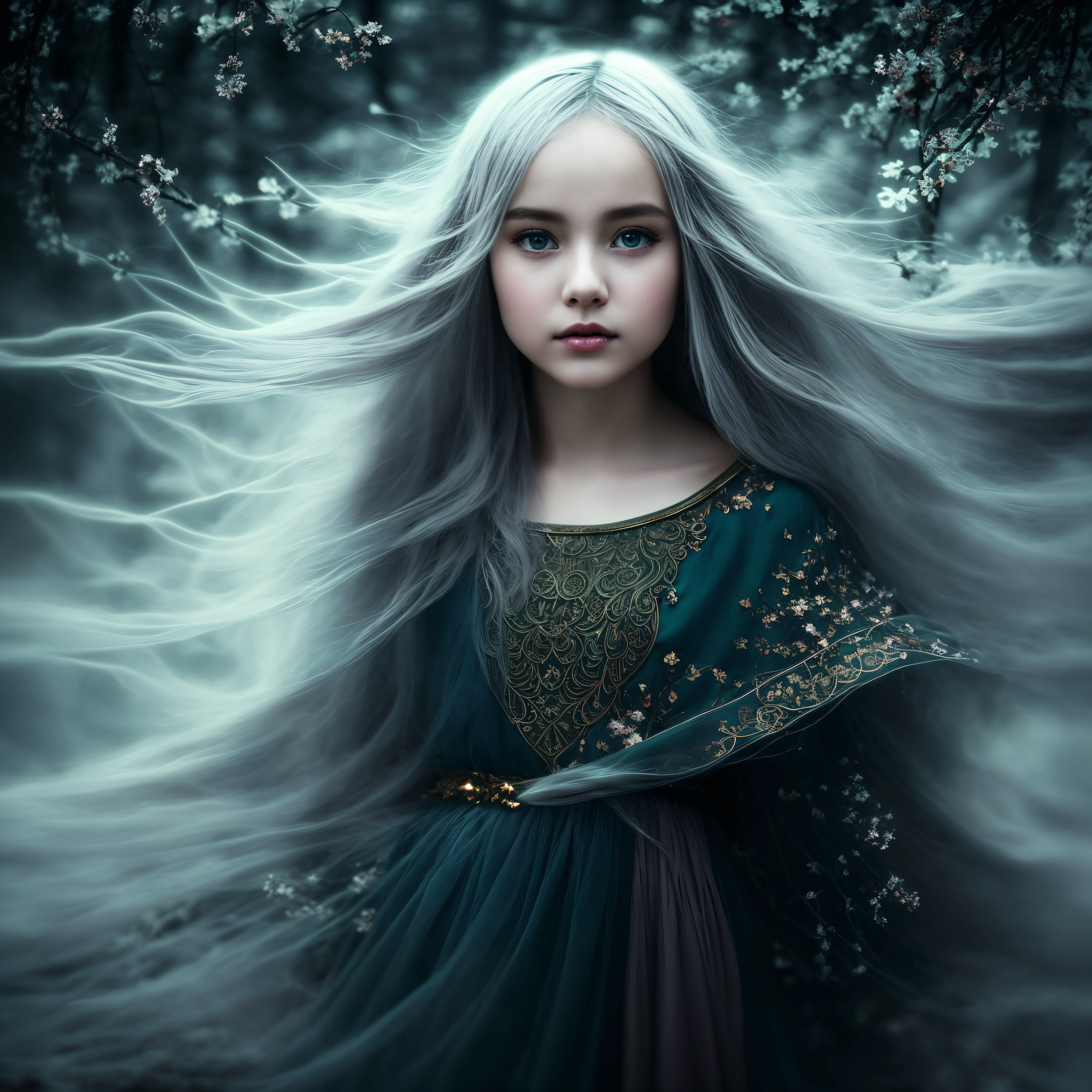 In a mysterious and enchanting realm, a murky fog envelopes the scene, as if concealing something profound. Amidst this fog, a figure emerges, a young girl with flowing silver hair and eyes that glimmer with an otherworldly luminescence. The image captures her delicate yet powerful presence, her ethereal beauty contrasting with the darkness that surrounds her. The misty atmosphere adds to the enigmatic and dreamlike quality of the artwork, giving it an almost surreal feel. The painting, skillfully executed, showcases intricate details and vibrant colors that bring the scene to life. It invites us to delve into the bewitching world of this anime, where memories are shrouded in layers of uncertainty, waiting to be unraveled.