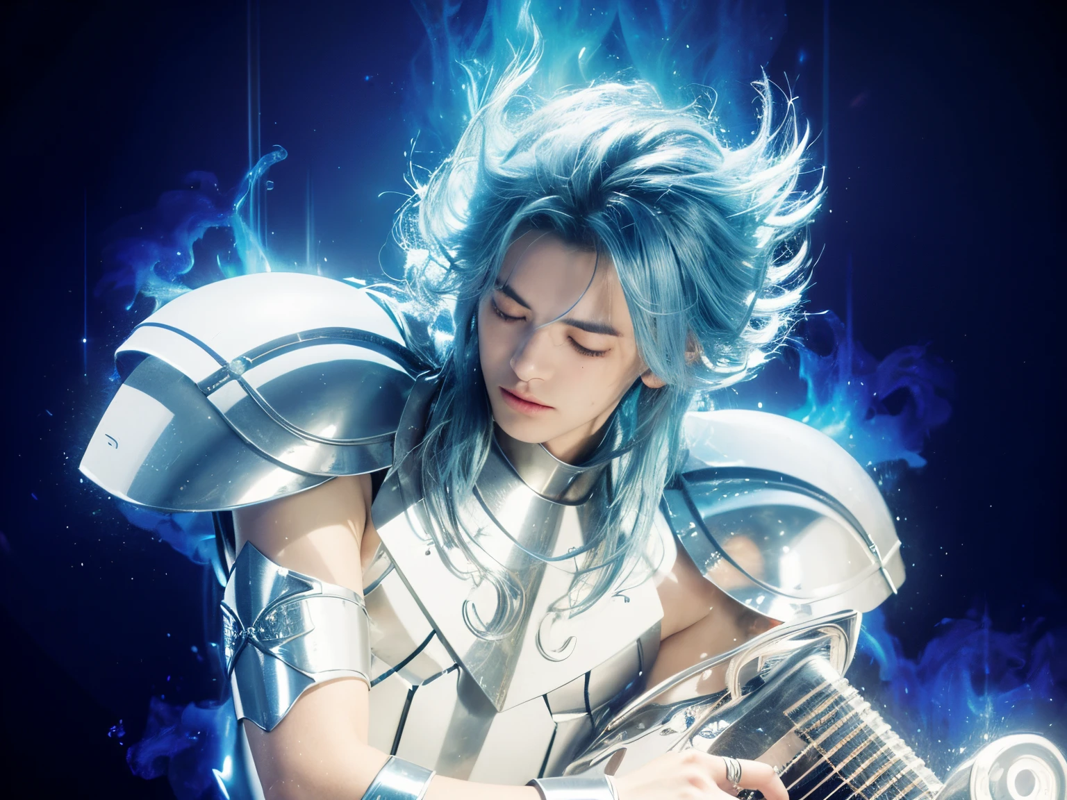 (masterpiece), (photorealistic) , close up portrait of a man, (male), 25 years old, Greek (1boy), solo, slightly low view, slightly side view of head, ((pretty big closed eyes)), contemplative, pacific expression, pretty handsome man, detailed face, delicate face, wearing an medieval armor, (full body armor), (silver armor), chrome silver, (detailed armor), (ornate armor), medium straight light blue hair, ((messy hair)), (hair blowing in wind), (hair bangs), playing a silver lyre, bright aura emanating by him, cosmic rain background, cinematic lighting.