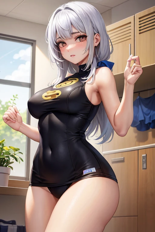 ((2D  bonita, Oni female 、qualidade superior: 1.2、perfect fingers: 1.2、Anatomia Perfeita: 1.1、Roupa perfeita、rosto perfeito: 1.1、beautiful illustration))、(transform sequence)、18anos、Solio、Uma princesa、Arte Fractal、a baby face、((cabelos longos e duros))、(Pernas de pasta)、Big, droopy eyes:1.1、(1homem)、blush vermelho、Tenso、orelhas caninas、locker room、tops estilo empregada、(collant)、