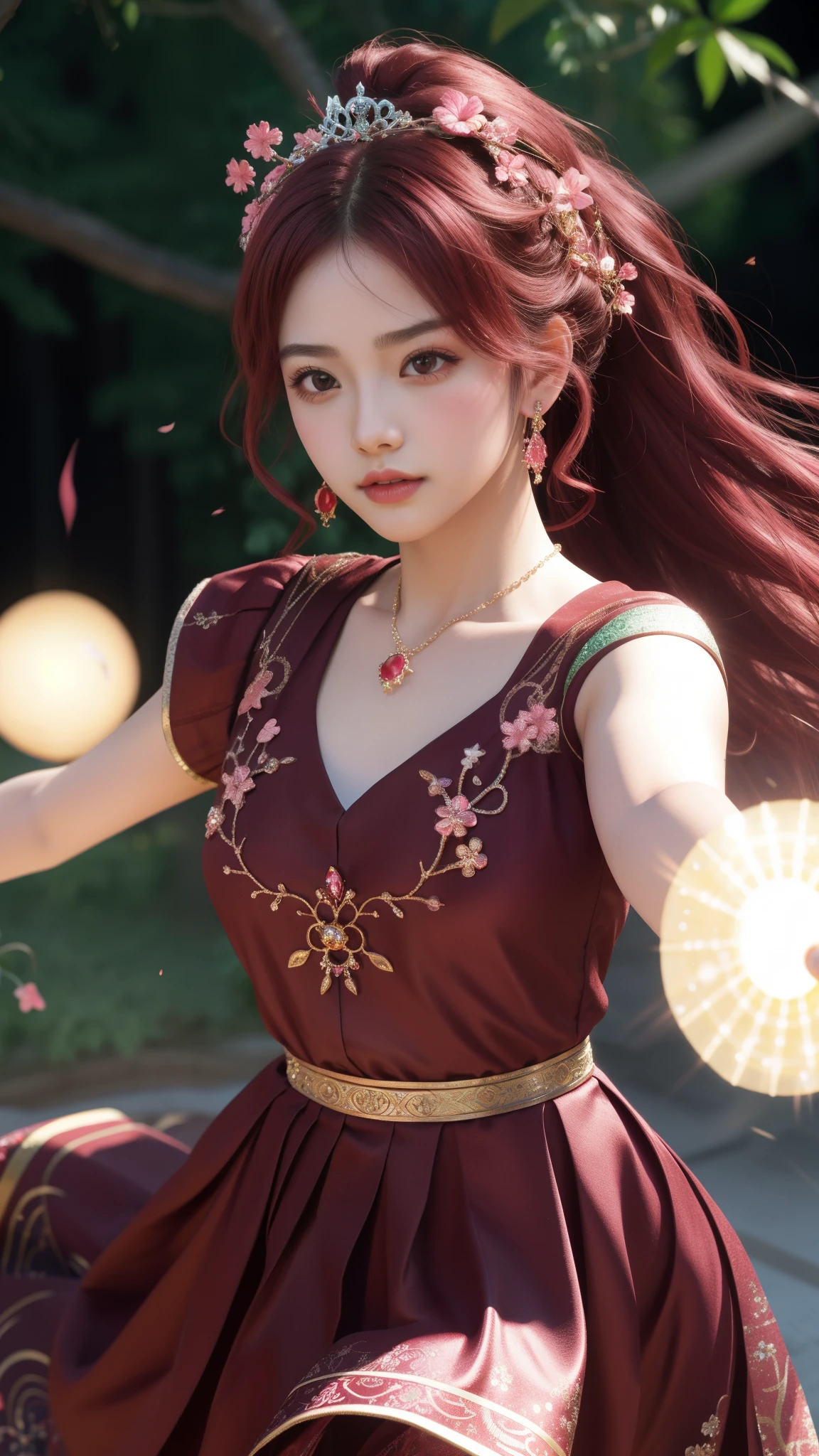 a girl, detailed hair, detailed eyes, shy, facial hair, clover hair ornament, jeweled branch of hourai, jewelry, light blush, light blush, musical note hair ornament, dark red dress, princess dress, red highlight, glowing light, ray tracing, bloom, chromatic aberration abuse, motion blur, 4K, UHD, masterpiece, dancing poses,