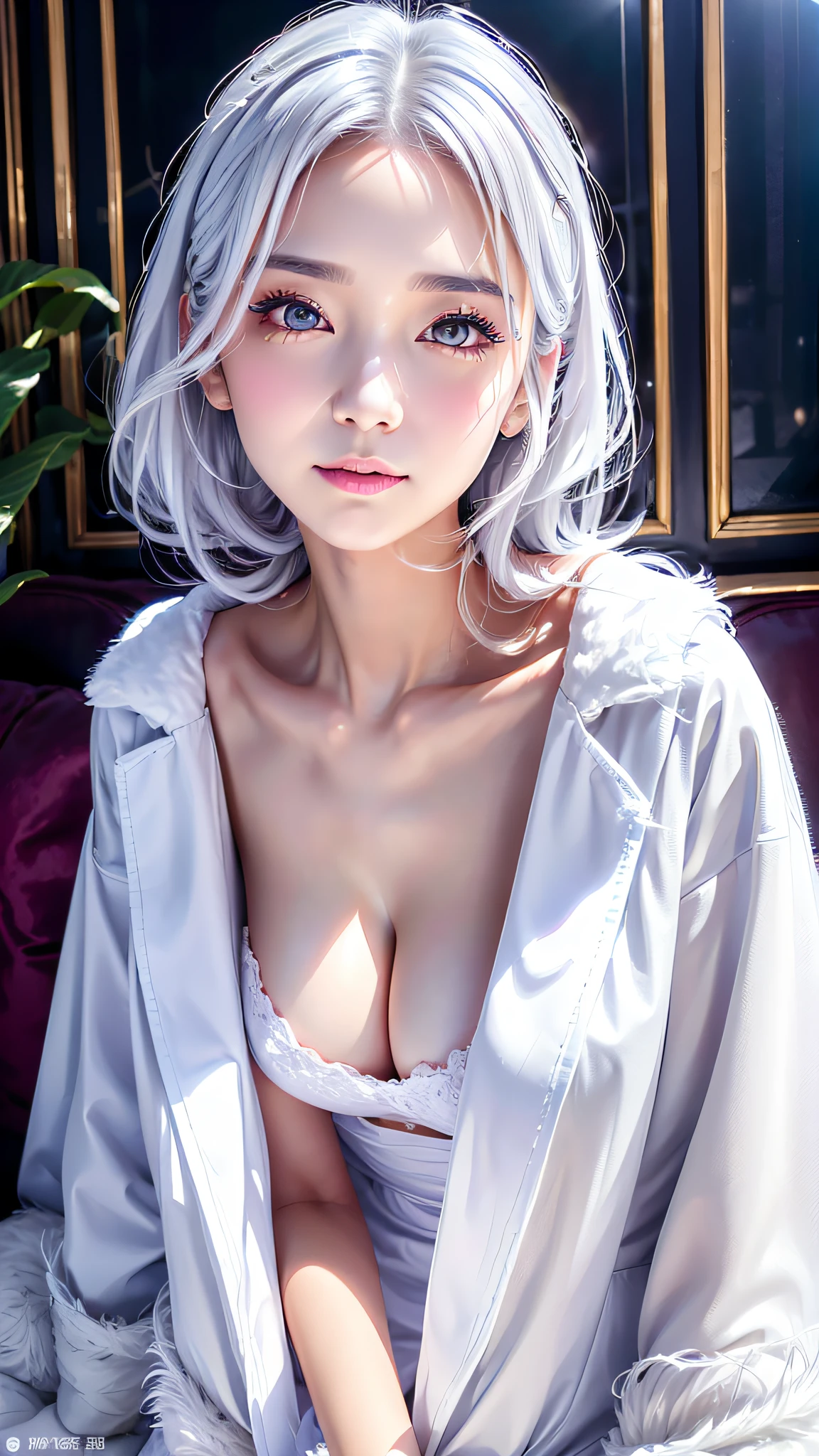 ((An arafe woman wearing white makeup and a fur coat taking a photo)), (aesthetic cute with flutter:1.4), , beautiful aesthetic face, Popular makeup, Aesthetic Face,  with professional makeup, kawaii realistic portrait, sexy face with full makeup, ,Looking at the camera、Light in the eyes、