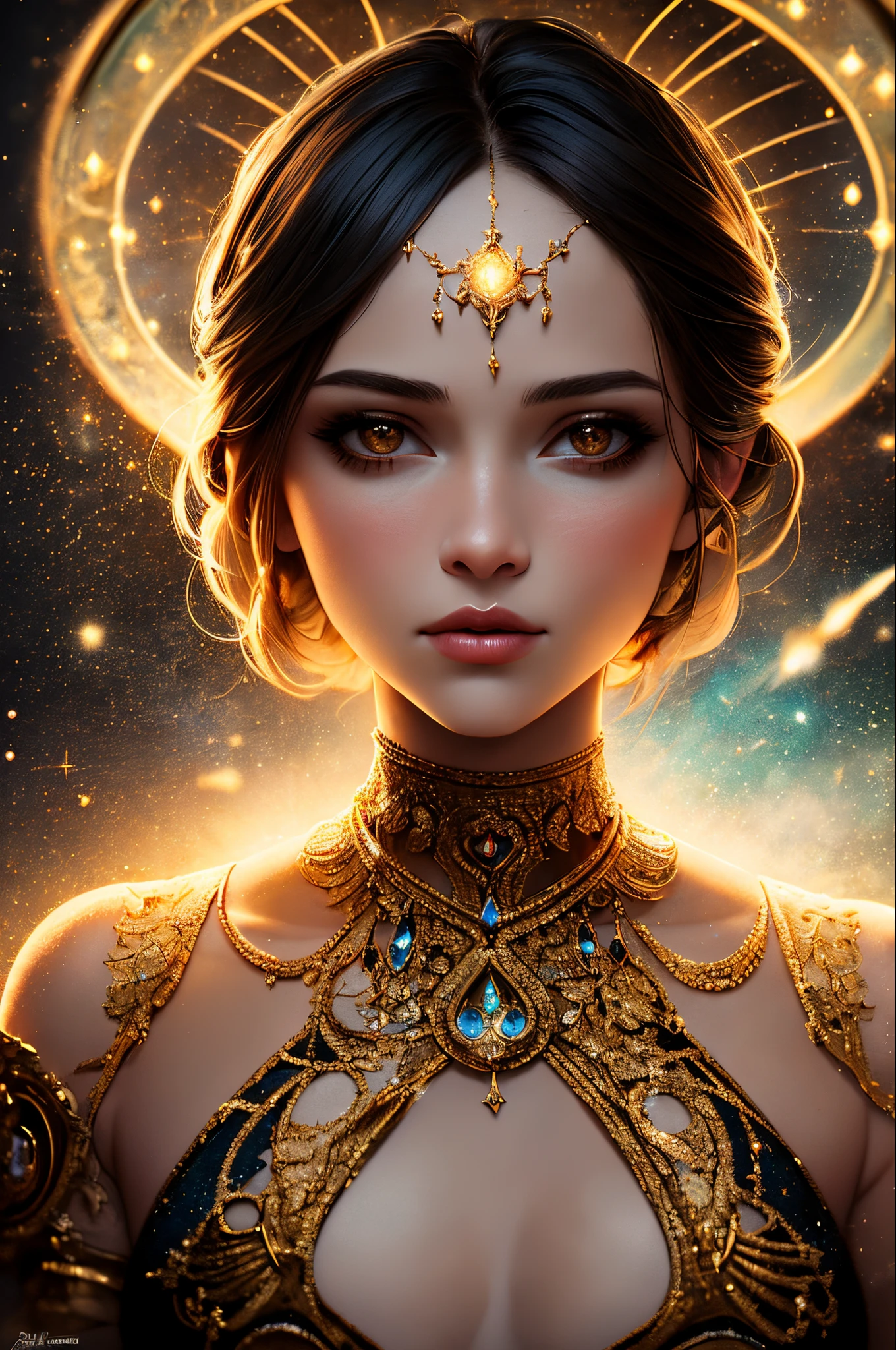 ((best quality)), ((masterpiece)), ((realistic)), portrait,
1girl, celestial, deity, goddess, light particles, halo, looking at viewer,
(bioluminescent:0.95), vibrant, colourful, color, (glowing, glow),
(beautiful composition), cinematic lighting, intricate, (symmetrical:0.5), whimsical,