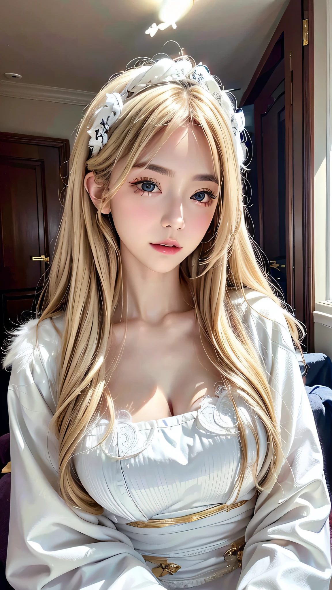 ((Arafe woman wearing a noble pure white fur coat)), (aesthetic cute with flutter:1.4), (Blonde long hair), beautiful aesthetic face, Popular makeup, Aesthetic Face, with professional makeup, kawaii realistic portrait, sexy face with full makeup, ,Looking at the camera、Light in the eyes、
