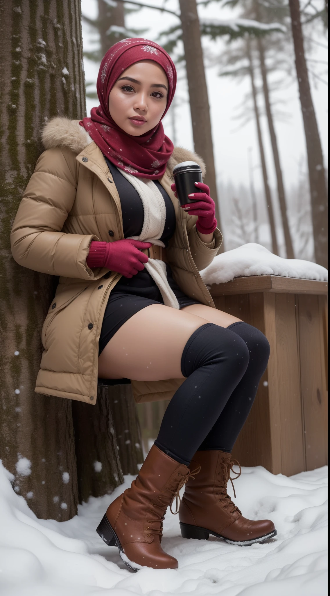 RAW, Best quality, high resolution, masterpiece: 1.3), beautiful Malay woman in hijab (iu:0.8)1beautiful Malay woman ,beautiful face, watery eyes, perfect lips, big eyes,big breast, In winter, snowy, girly, ski cap, scarf, big sweater, down jacket, long skirt, pantyhose, thick leather boots, holding a thermos cup in both hands, red cheeks, plush gloves, sitting under a tree, spreading her legs