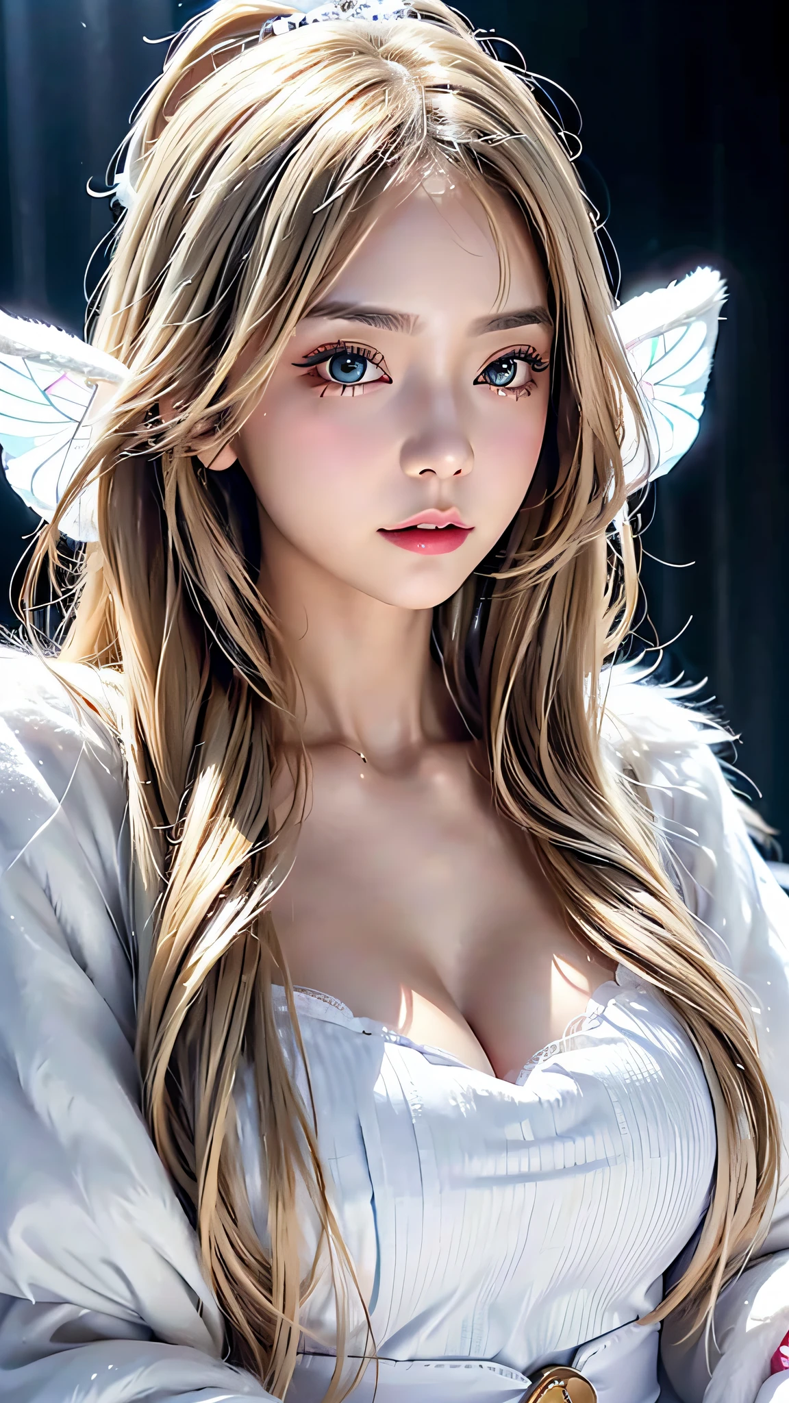 Ultra-detailed complex 3D rendering of the face, (Colossal: 8.8), (masterpiece, highest quality, octane rendering, 8K), glamour shot full body image, cleavage, (very detailed skin: 1.2), (exposure: 1.1), (blonde))), (minuscule white micro bikini: 1.5)), beautiful Caucasian woman with full soft breasts and white skin, one, long braided hair, with big buttocks, Big breasts, dynamic angle, mystical expression, ultra-realistic photo, (((((portrait)))), bare feet, futuristic city background, facial muscles, detailed and beautiful queen tiara, in the style of Marvel Comics, clear focus, studio photography, intricate detail, highly detailed, detailed yellow eyes, sharp focus, digital rendering, professional, abs, (( (sexy pose))), natural jungle, lightly opening mouth, manstle, opening crotch, seductive look, angel ring, angel wings,
