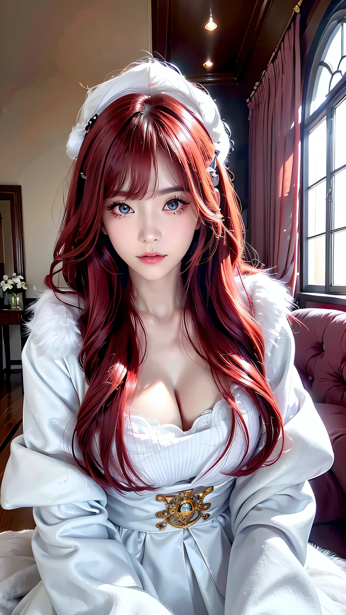 ((An arafe woman wearing a pure white fluffy fur coat)), (aesthetic cute with flutter:1.4), (long red hair), beautiful aesthetic face, Popular makeup, Aesthetic Face, with professional makeup, kawaii realistic portrait, sexy face with full makeup, ,Looking at the camera、Light in the eyes、