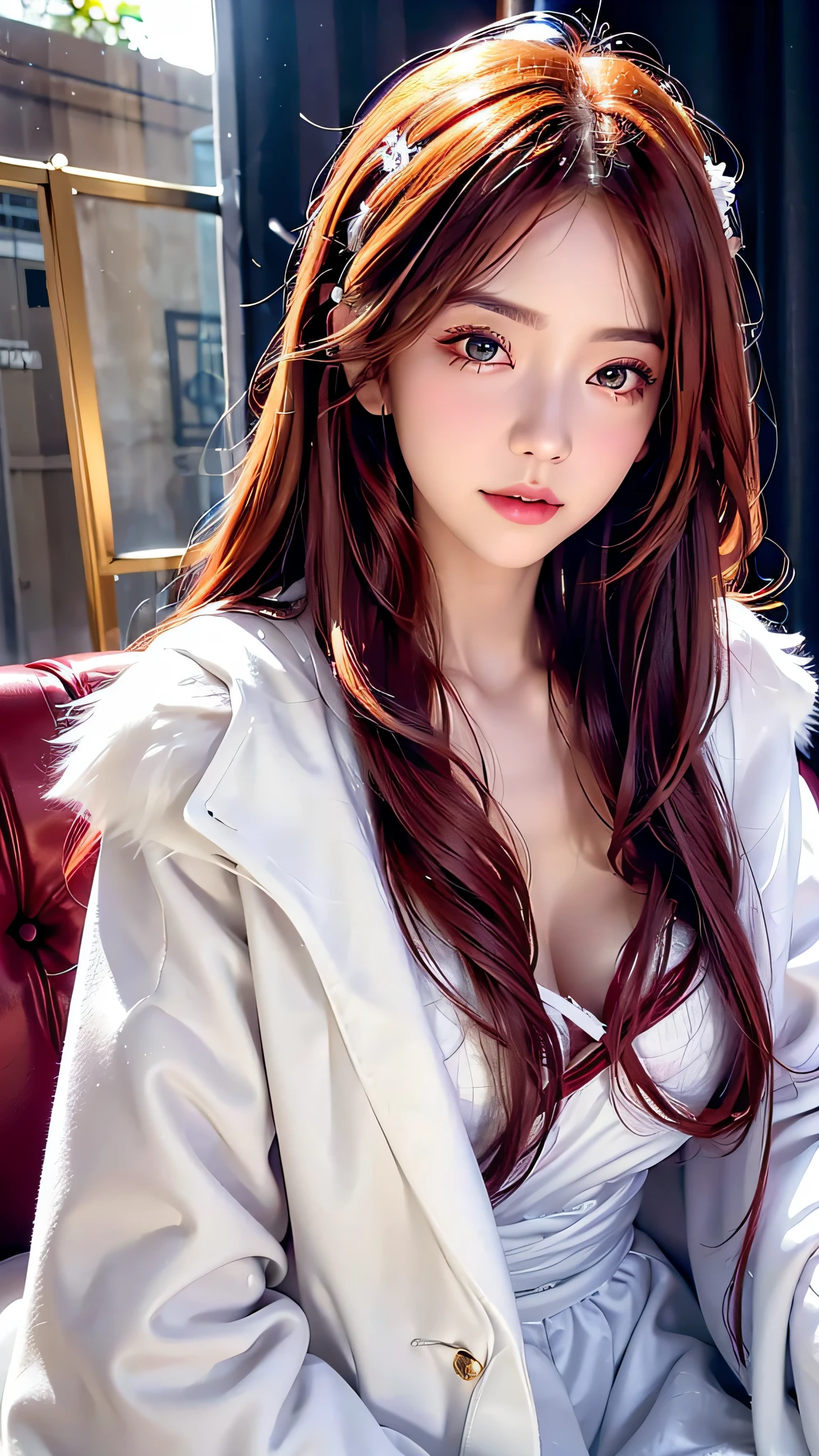 ((An arafe woman wearing a pure white fluffy fur coat)), (aesthetic cute with flutter:1.4), (long red hair), beautiful aesthetic face, Popular makeup, Aesthetic Face,  with professional makeup, kawaii realistic portrait, sexy face with full makeup, ,Looking at the camera、Light in the eyes、