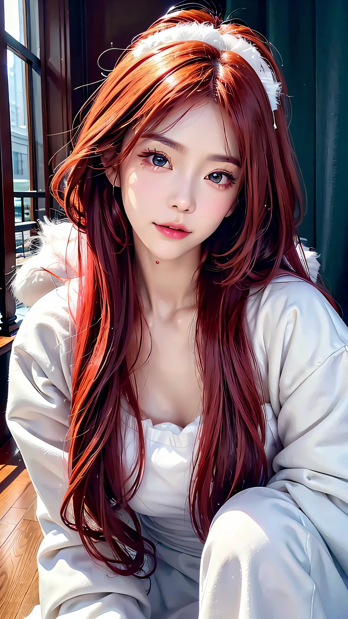 ((A woman wearing a white fluffy fur coat))、36-years old、 (aesthetic cute with flutter:1.4), (long red hair), beautiful aesthetic face, Popular makeup, Aesthetic Face,  with professional makeup, kawaii realistic portrait, sexy face with full makeup, ,Looking at the camera、Light in the eyes、