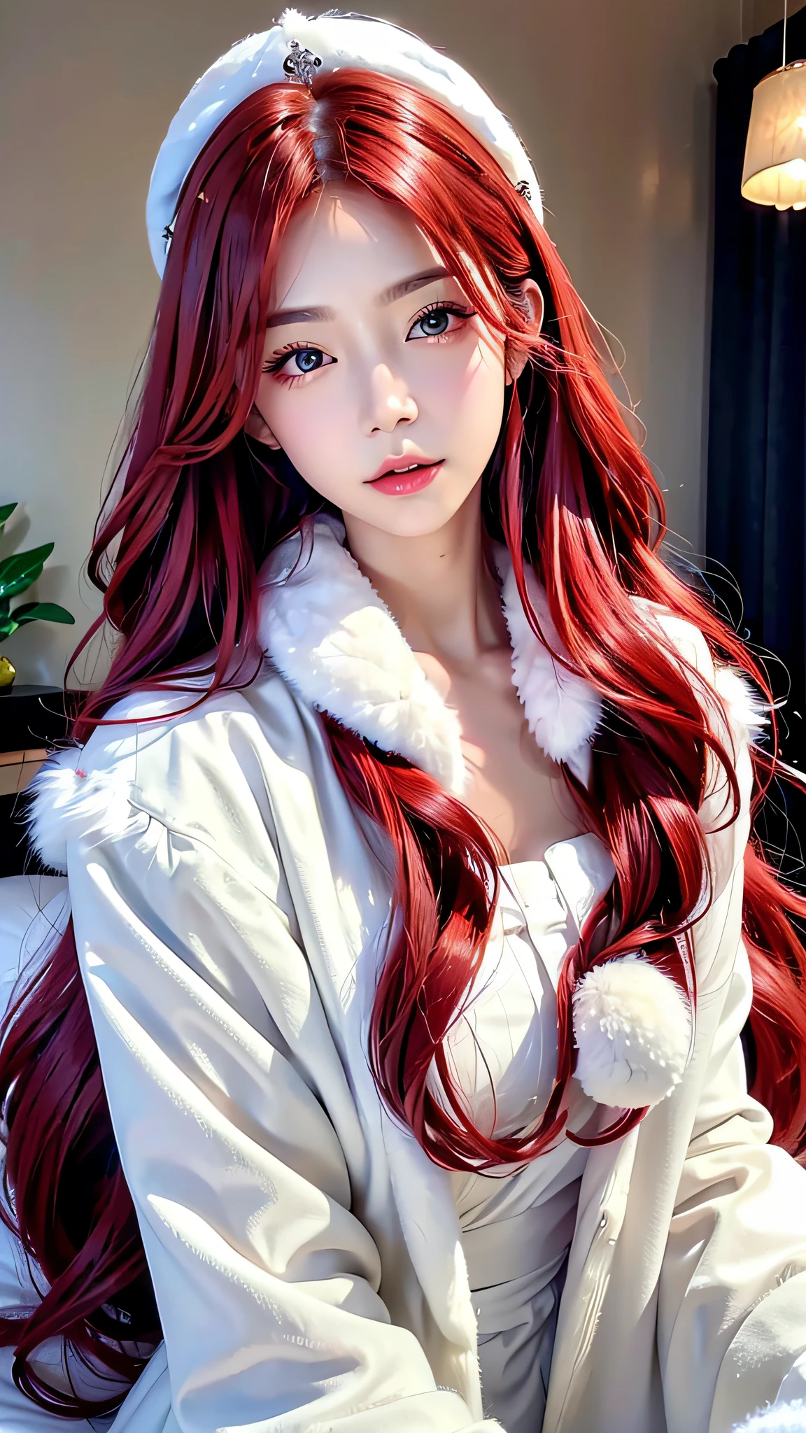 ((A woman wearing a white fluffy fur coat))、36-years old、 (aesthetic cute with flutter:1.4), (long red hair), beautiful aesthetic face, Popular makeup, Aesthetic Face,  with professional makeup, kawaii realistic portrait, sexy face with full makeup, ,Looking at the camera、Light in the eyes、