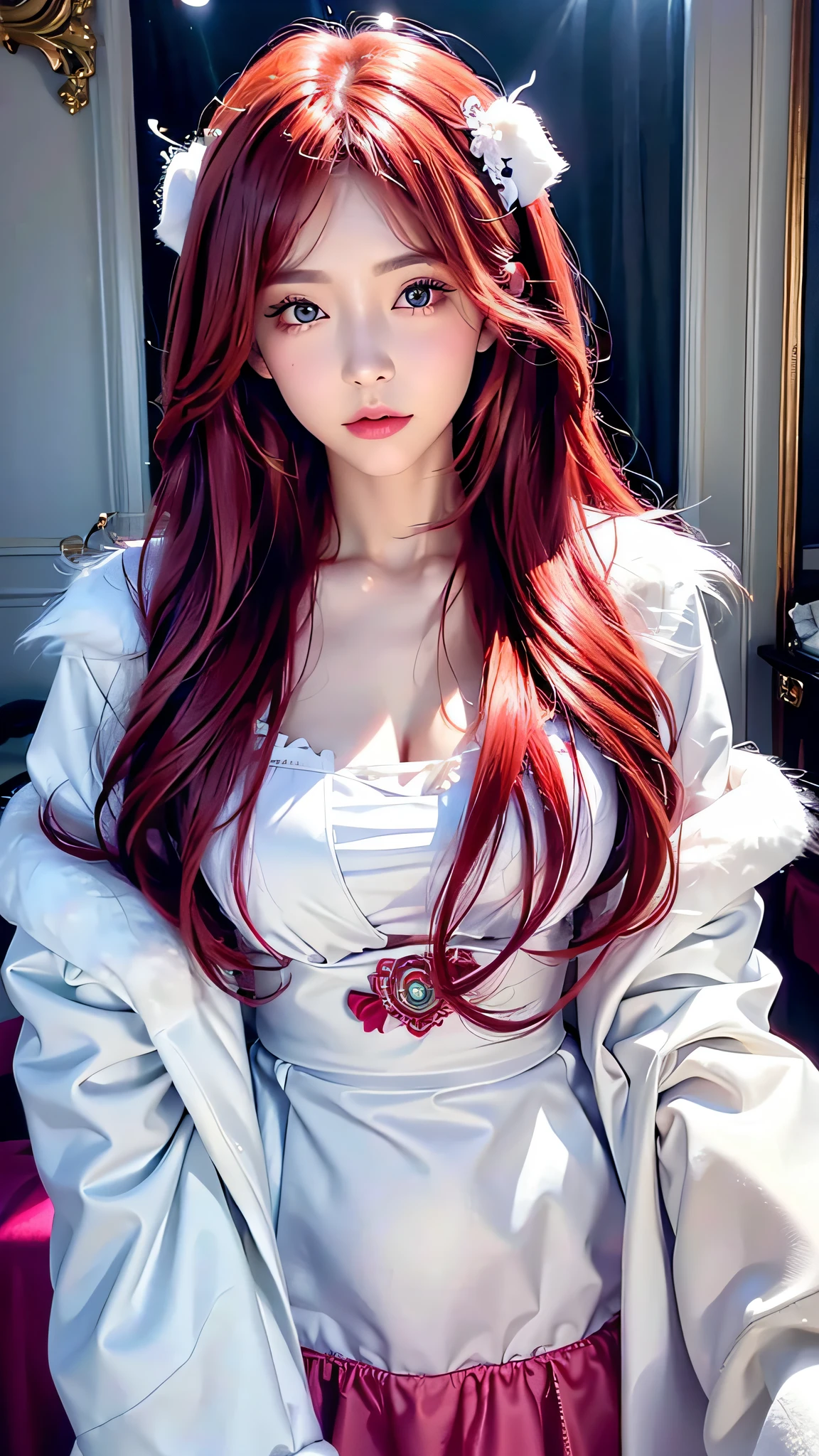 ((A woman wearing a white fluffy fur coat))、36-years old、 (aesthetic cute with flutter:1.4), (long red hair), beautiful aesthetic face, Popular makeup, Aesthetic Face,  with professional makeup, kawaii realistic portrait, sexy face with full makeup, ,Looking at the camera、Light in the eyes、