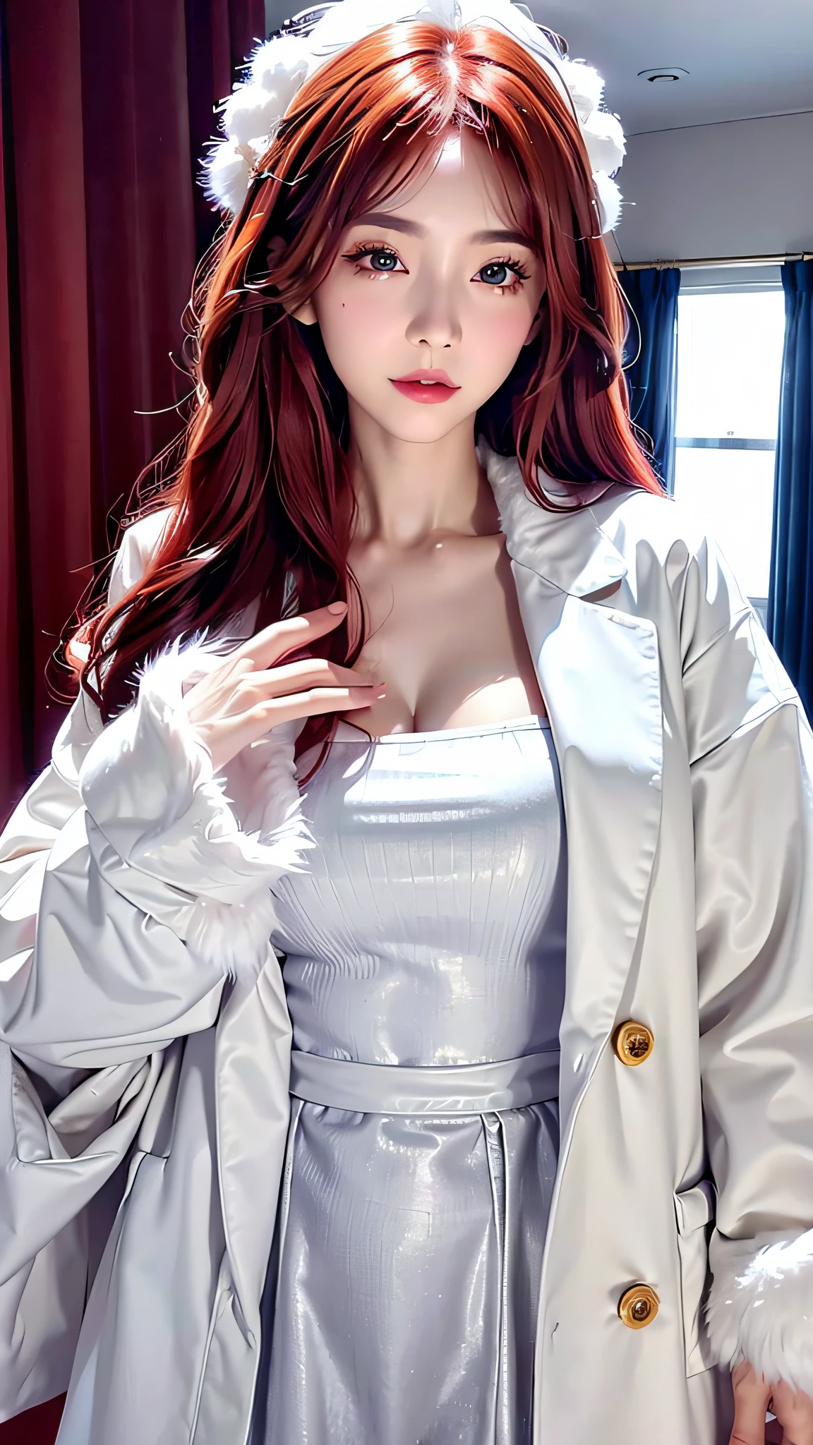 (hyperrealistic), (illustration), (high resolution), (8K), (extremely detailed), (best illustration), (beautiful detailed eyes), (best quality), (ultra-detailed), (masterpiece), (wallpaper), (photorealistic:1.4), (natural light), (rim lighting), (detailed face), high detailed realistic asian skin texture, anatomically correct, solo, 1 girl, (high detailed realistic long wavy white hair:1.35), (ponytail contorted:1.4), heterochromic eyes, (detailed blue eyes), small moles under the eyes, (realistic big breasts:1.5), long legs, tight abs, dynamic pose, (fluffy winter jacket:1.2), (upon body from head to thighs:1.4), (Beautiful Cute Pakistani Woman:1.55), outdoor, snow, winter,