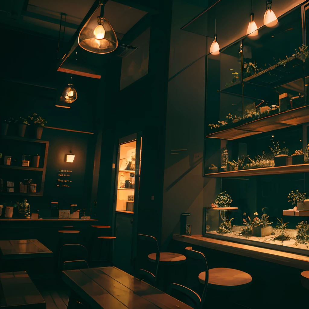 A modern cafe with dark, moody lighting and a calm atmosphere. The walls have built in terrariums with snakes and tarantulas as well as low purple lighting in them.