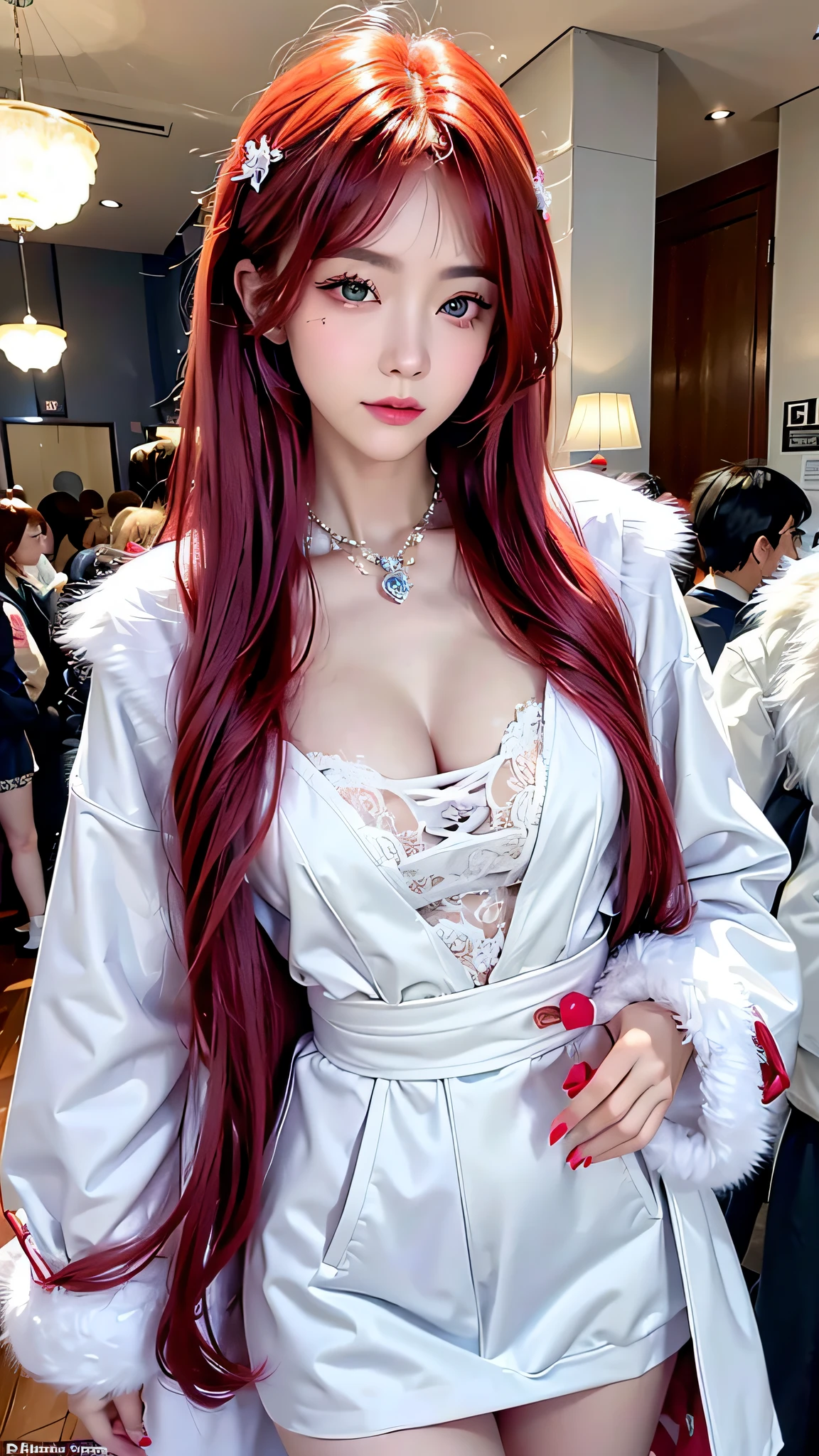 ((realisitic))、((A woman wearing a fluffy white fur coat))、36-years old、 (aesthetic cute with flutter:1.4), (long red hair), beautiful aesthetic face, Popular makeup, Aesthetic Face,  with professional makeup, 电影灯光、 y face with full makeup, ,Looking at the camera、Light in the eyes、