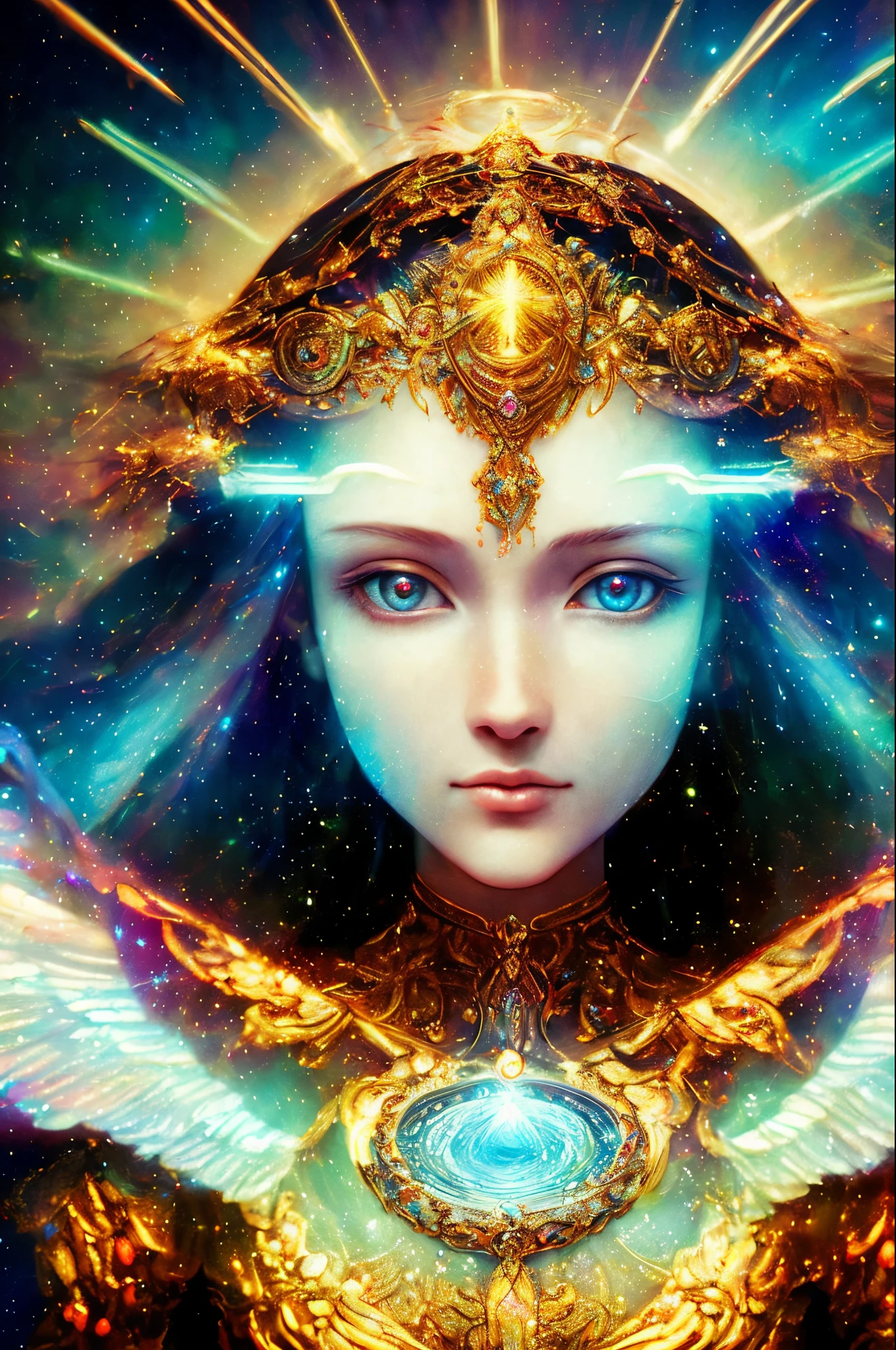 ((best quality)), ((masterpiece)), ((realistic)), portrait,
1girl, celestial, deity, goddess, light particles, halo, looking at viewer,
(bioluminescent:0.95), vibrant, colourful, color, (glowing, glow),
(beautiful composition), cinematic lighting, intricate, (symmetrical:0.5), whimsical,