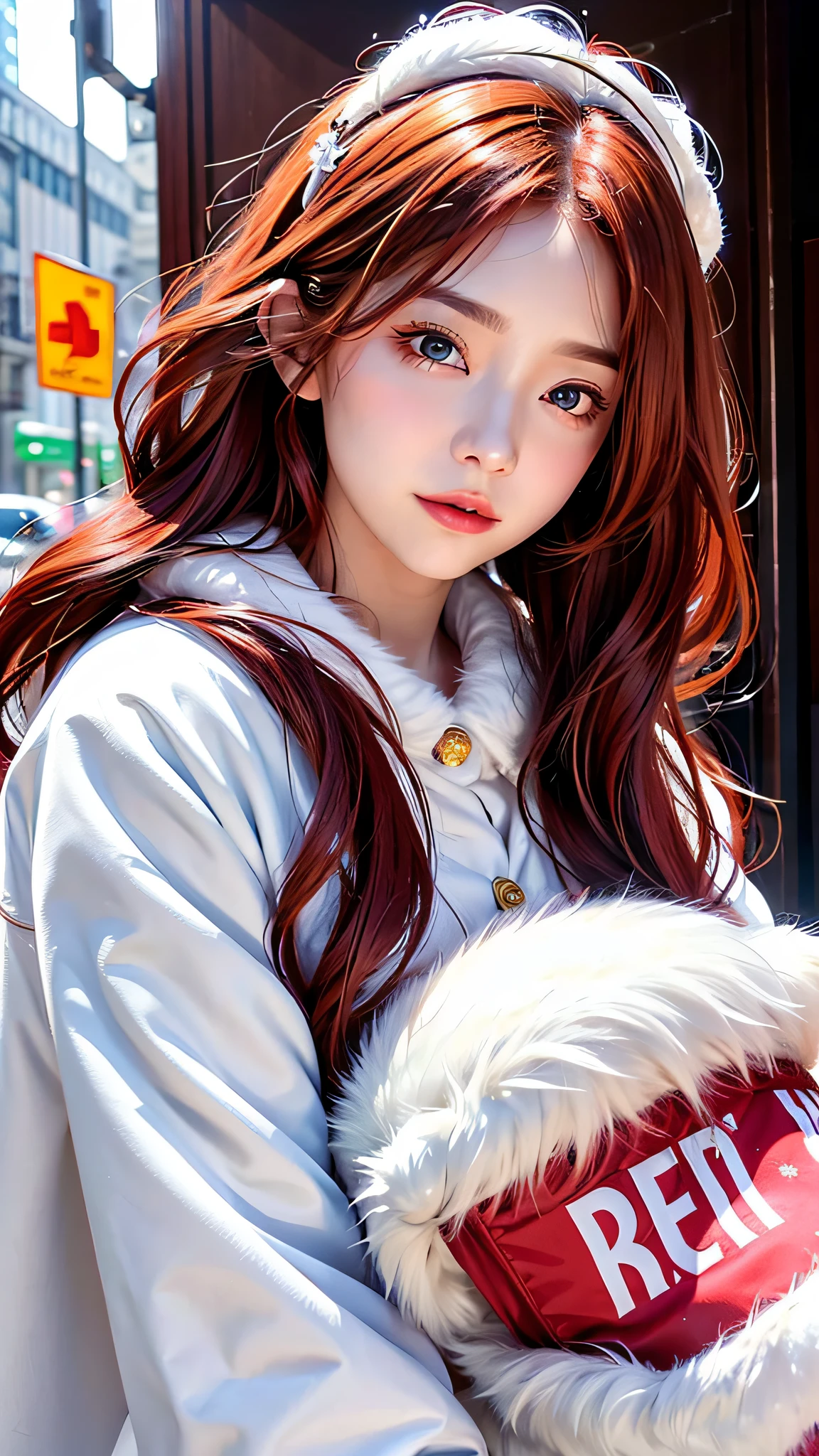 ((realisitic))、((A woman wearing a fluffy white fur coat))、36-years old、 (aesthetic cute with flutter:1.4), (long red hair), beautiful aesthetic face, Popular makeup, Aesthetic Face, with professional makeup, 电影灯光、 sexy face with full makeup, ,Looking at the camera、Light in the eyes、