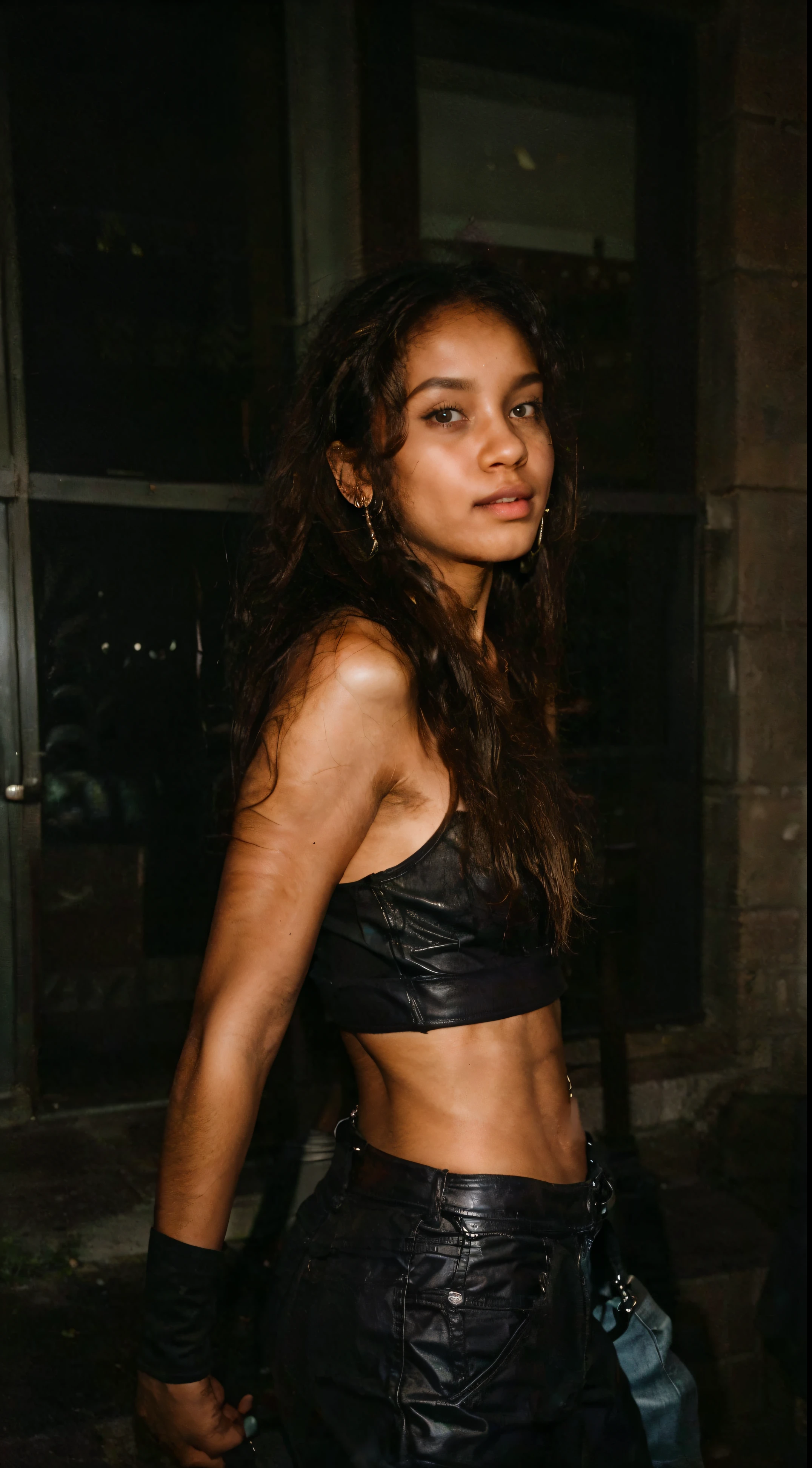 1girl, dark skinned girl, college girl, leather pants, big ass, happy, university, college life, crop top, hoop earrings, beautiful black girl, afro, 18 years old, UHD, So realistic, (RAW), detailed hair, (Real Photo of a dark skinned girl), analog photo, photo, realism, morning
