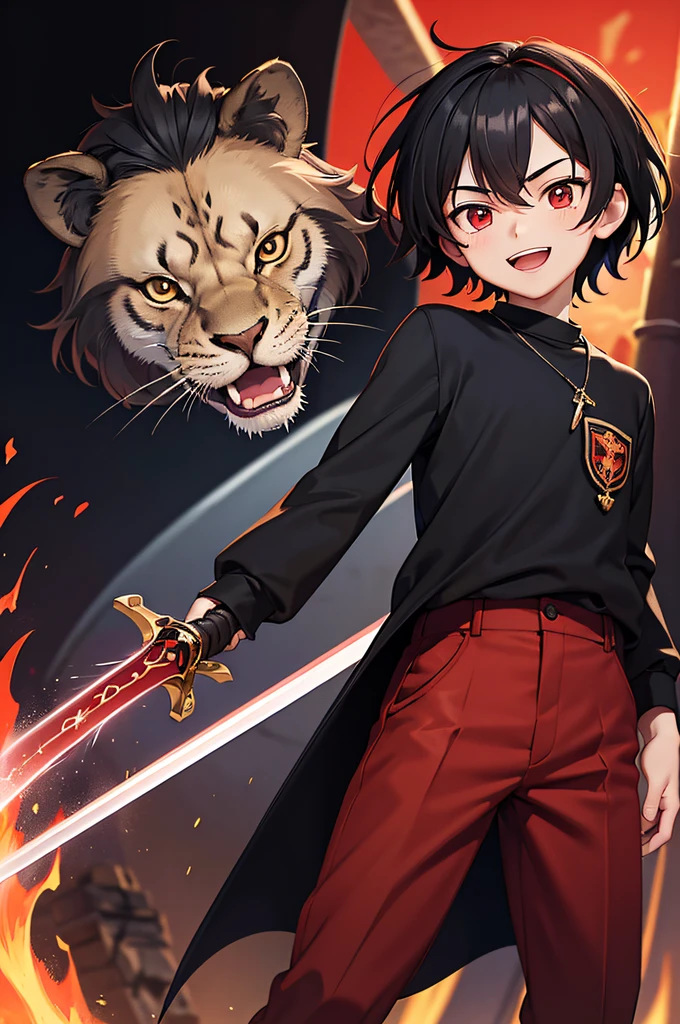 ((masterpiece,bestquality)),A 17 year old young man stood in front of a lion.., Black Hair, Short hair tangled, Red Eyes, Black doomsday style long sleeve shirt.., bandana, Red pants, cheerful, Happy expression on his face. Relaxed posture ((The weapon was a long sword with a black aura..)) red light effect.