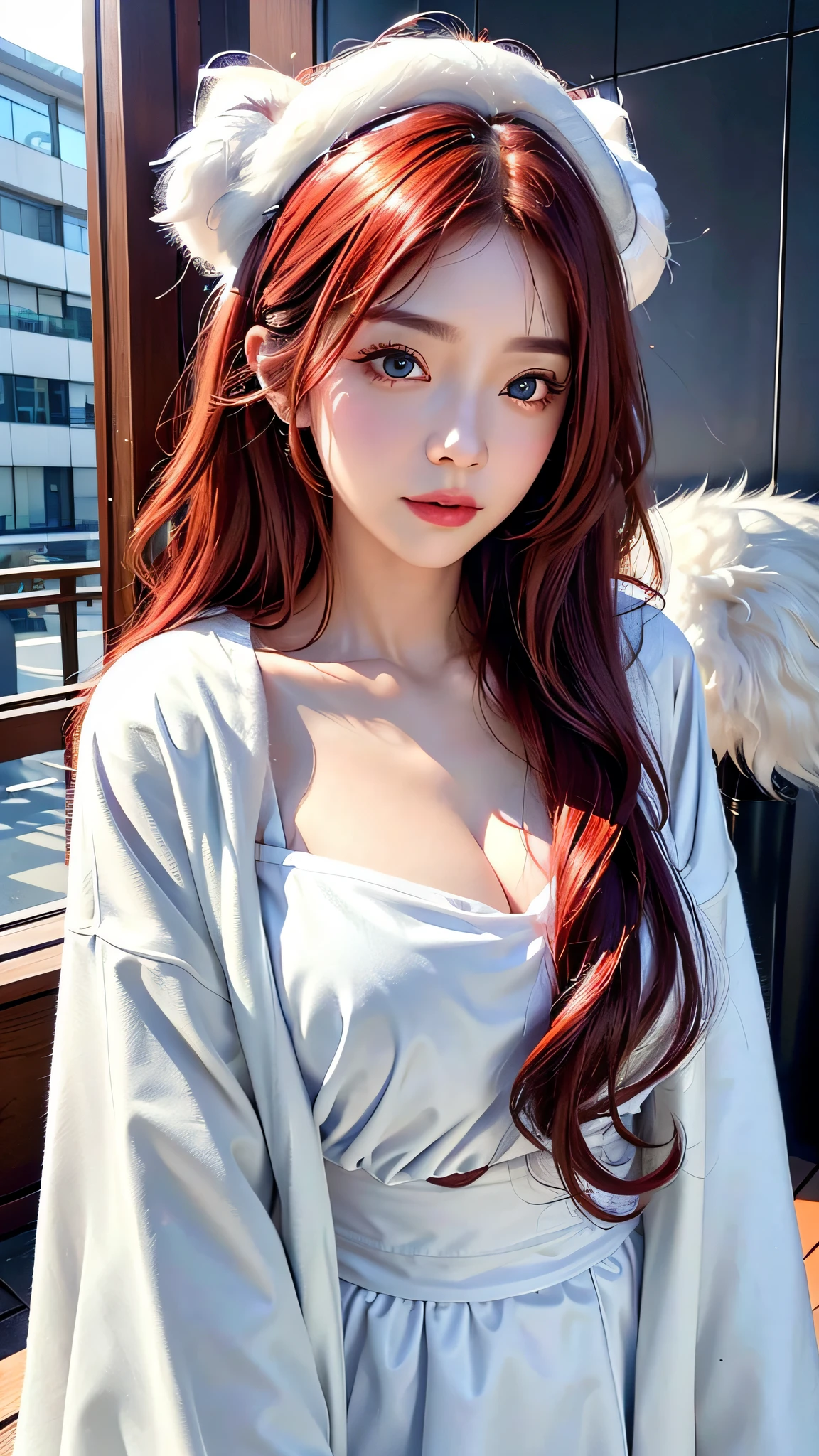 ((realisitic))、((A woman wearing a fluffy white fur coat))、36-years old、 (aesthetic cute with flutter:1.4), (long red hair), beautiful aesthetic face, Popular makeup, Aesthetic Face, with professional makeup, 电影灯光、 sexy face with full makeup, ,Looking at the camera、Light in the eyes、