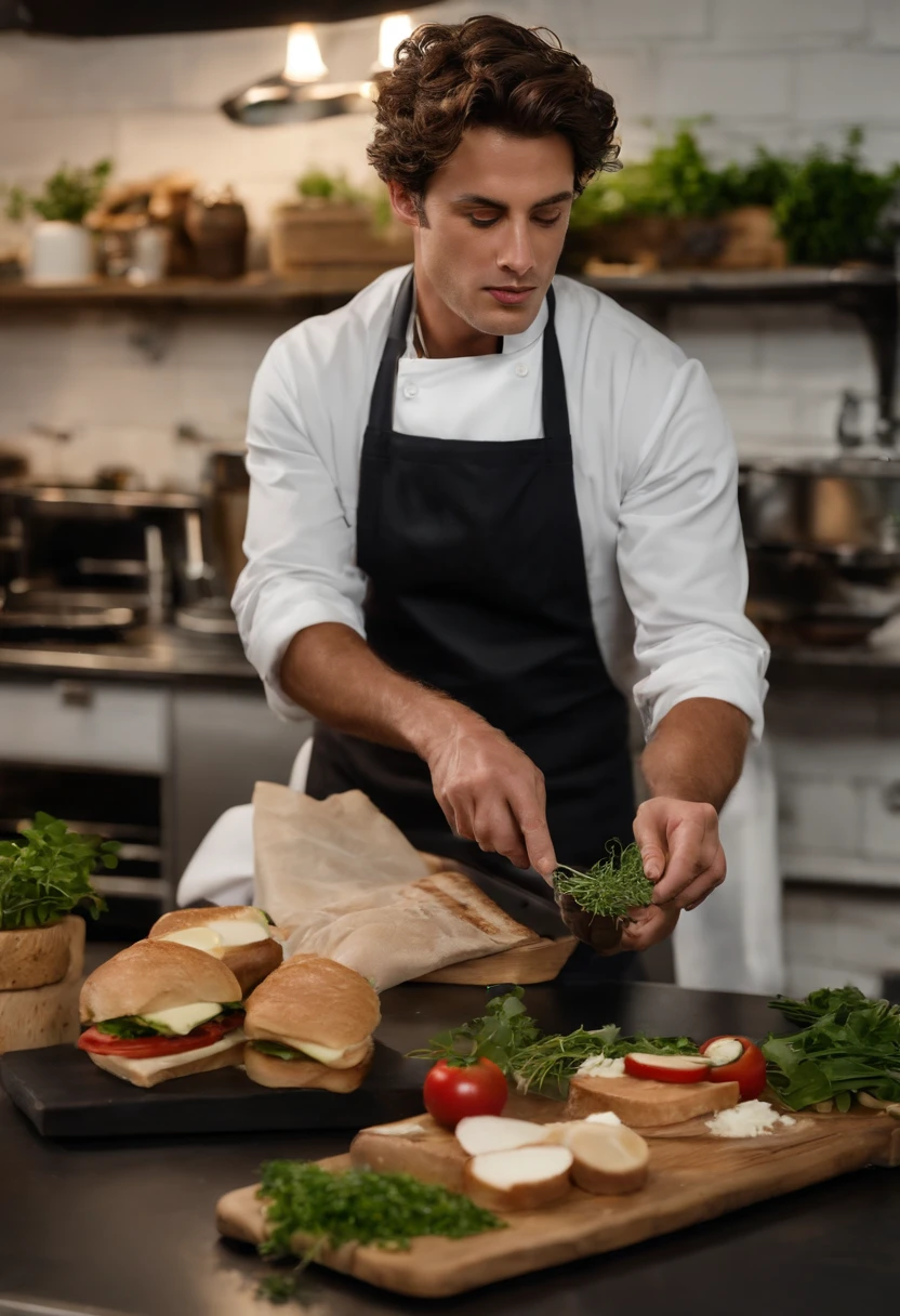 A photo of Carmy delicately placing microgreens on top of a sandwich with precision,The Bear,Carmen “Carmy” Berzatto, portrayed by actor Jeremy Allen White, is a young chef with a lean and agile build, reflecting his bustling energy in the kitchen. He has a rugged, somewhat weary appearance, with short, tousled dark hair and intense, expressive eyes that often convey the weight of his personal and professional pressures. Carmy’s typical attire in “The Bear” includes a white chef’s coat or a simple t-shirt., male