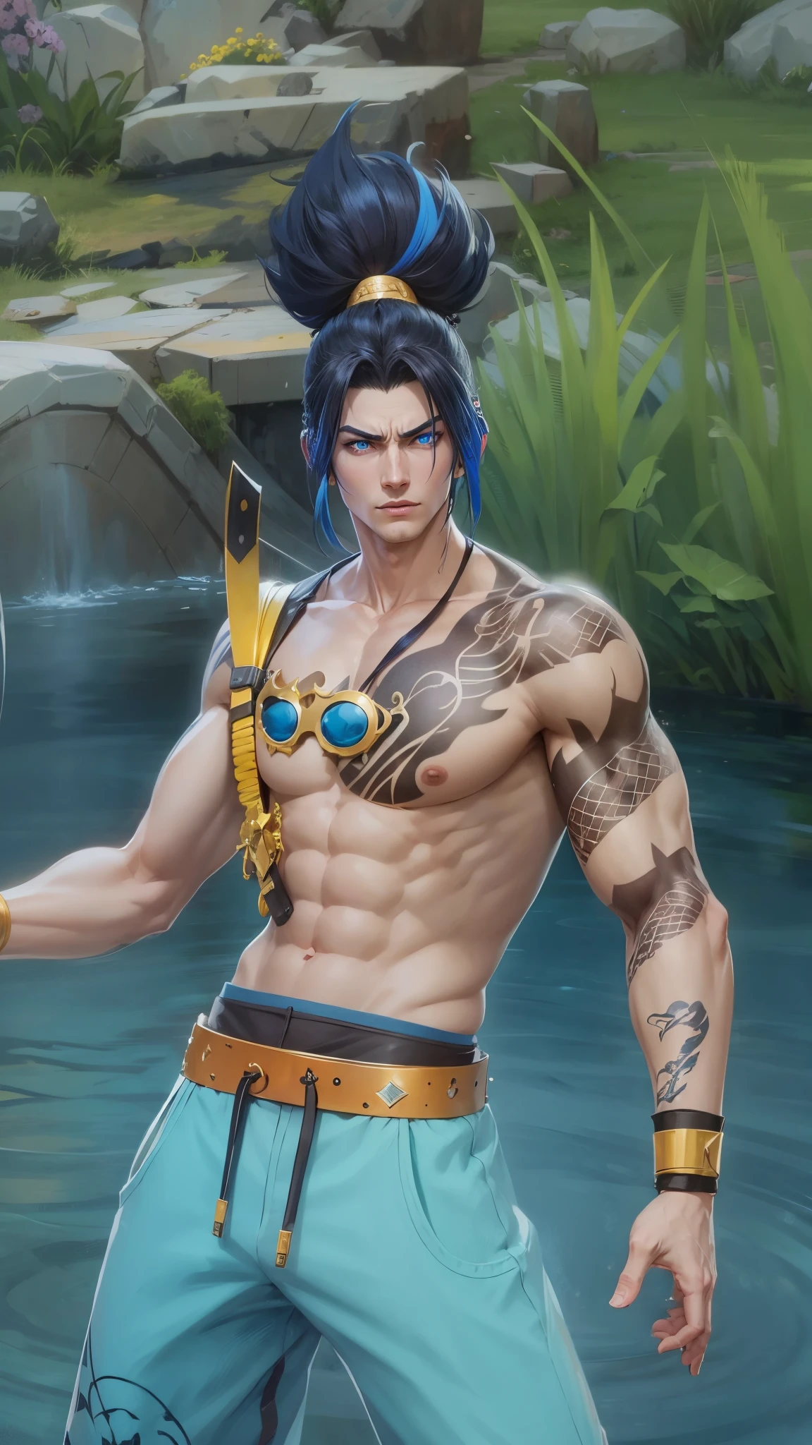 Anime villain, realistic, 1 boy, cool, heandsome, 8k quality, blue eyes, black hair, blue hair