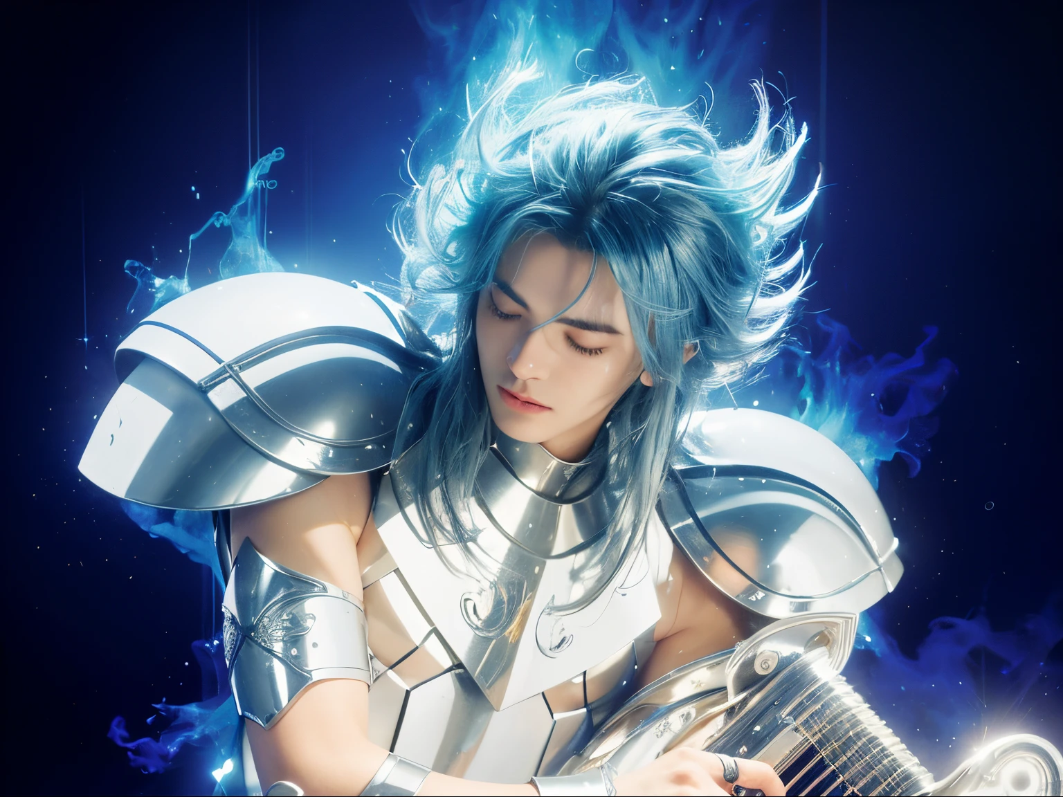 (masterpiece), (photorealistic) , close up portrait of a man, (male), 25 years old, Greek (1boy), solo, slightly low view, slightly side view of head, ((pretty big closed eyes)), contemplative, pacific expression, pretty handsome man, detailed face, delicate face, wearing an medieval armor, (full body armor), (silver armor), chrome silver, (detailed armor), (ornate armor), medium straight light blue hair, ((messy hair)), (hair blowing in wind), (hair bangs), playing a silver lyre, bright aura emanating by him, cosmic rain background, cinematic lighting.