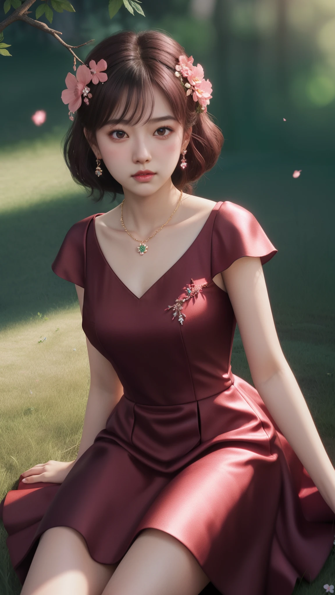 a girl, detailed hair, detailed eyes, shy, facial hair, clover hair ornament, jeweled branch of hourai, jewelry, light blush, light blush, musical note hair ornament, dark red dress, princess dress, red highlight, glowing light, ray tracing, bloom, chromatic aberration abuse, motion blur, 4K, UHD, masterpiece, sitting,