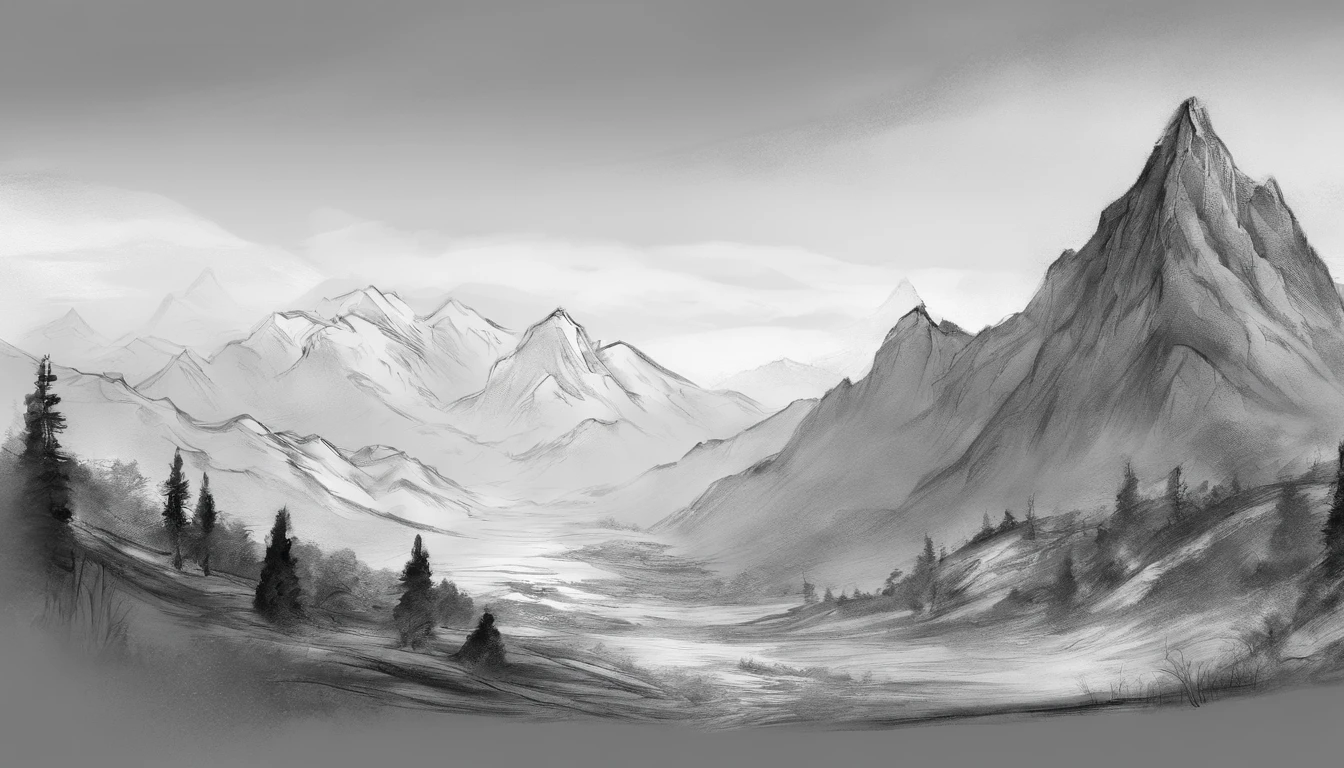 landscape, mountains, charcoal sketch, extremely detailed