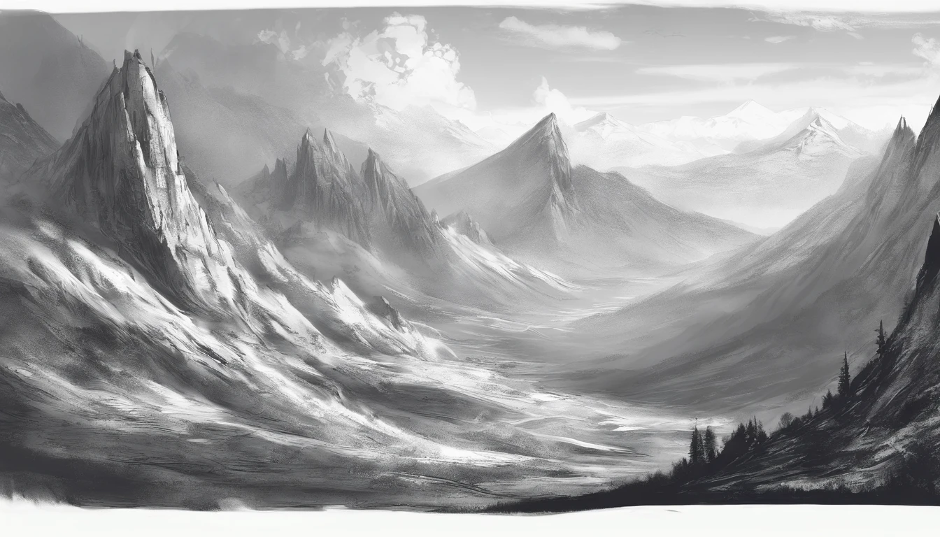 landscape, mountains, charcoal sketch, extremely detailed