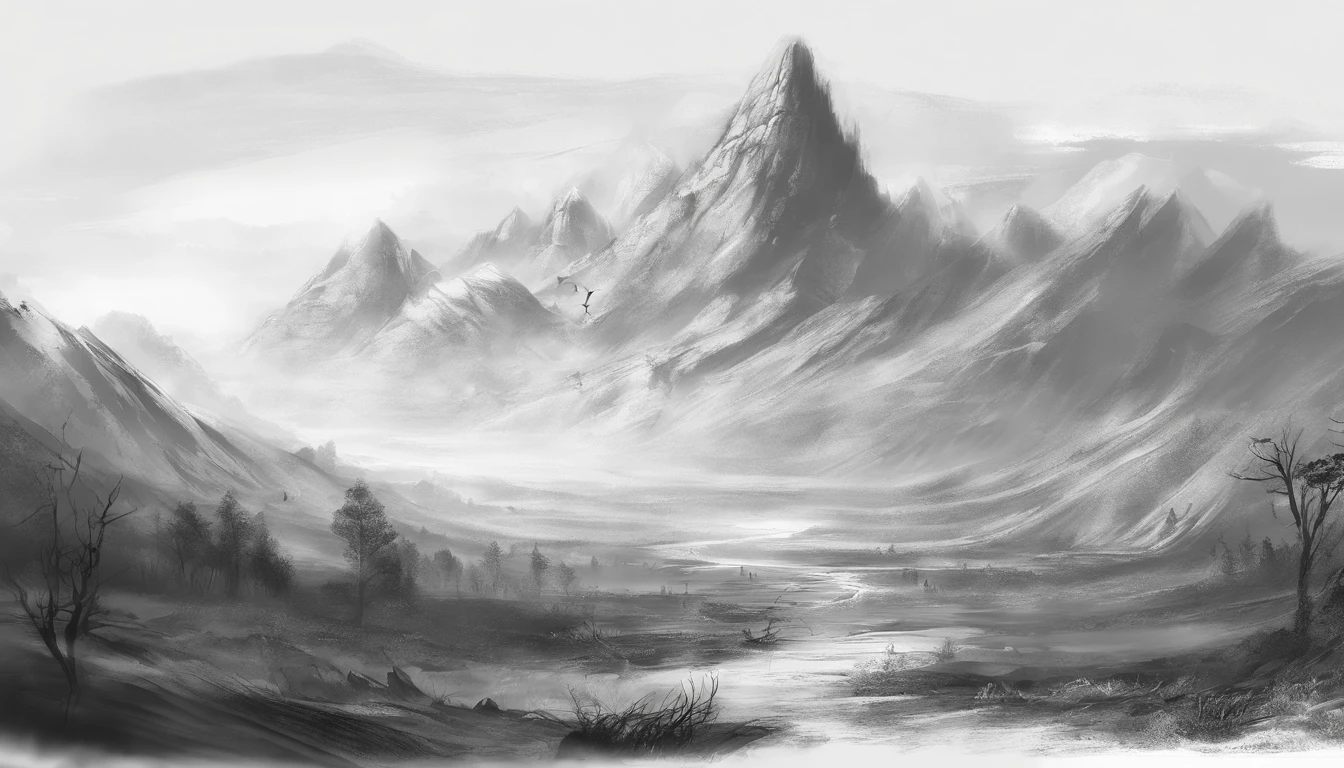landscape, mountains, charcoal sketch, extremely detailed