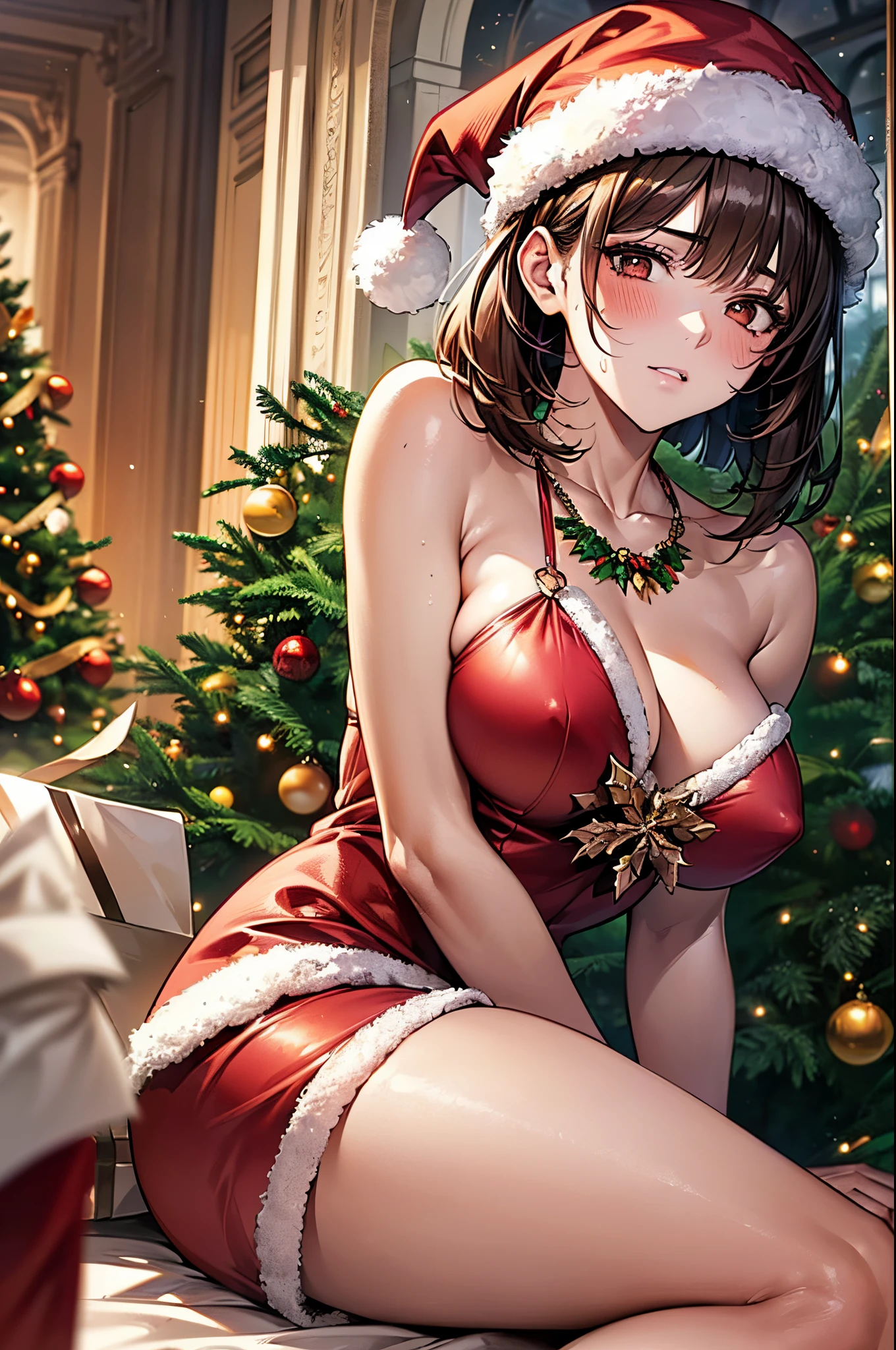 ((((perfect anatomy, super detailed skin)))), 1 girl, japanese, , shiny skin, watching the view,
beautiful hair, beautiful face, beautiful detailed eyes, (short hair:1.2, bob cut:1.2), glossy brown hair, brown eyes,
beautiful clavicle, beautiful body, beautiful chest, beautiful thigh, beautiful legs, babyface, mole under eye, medium breasts, perfect body, gorgeous faces, seductive boobs, seductive thighs,
((wearing santa claus costume, symmetrical clothing, metallic red santa claus hat, metallic red santa claus dress, metallic red santa claus boots, bare shoulders), christmas necklace),
(embarrassed, blush, m legs), spread legs, sweat,
(beautiful scenery), indoors, livingroom, (christmas tree:1.3),
(top-quality, masterpiece:1.2, extremely detailed), (photorealistic), beautiful illustration, cinematic lighting, (thigh focus, from below, view from forward:1.3),