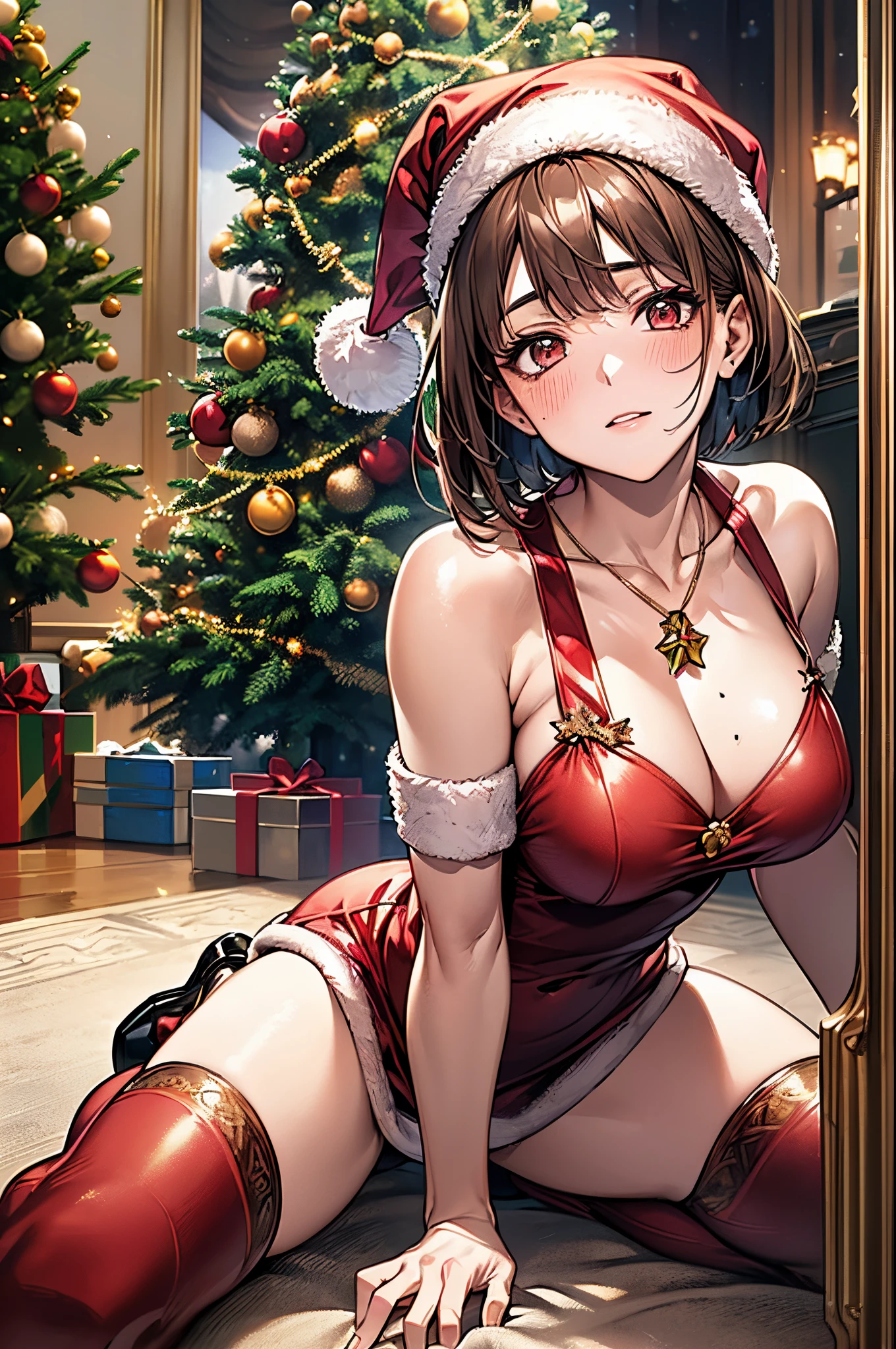 ((((perfect anatomy, super detailed skin)))), 1 girl, japanese, , shiny skin, watching the view, 
beautiful hair, beautiful face, beautiful detailed eyes, (short hair:1.2, bob cut:1.2), glossy brown hair, brown eyes, 
beautiful clavicle, beautiful body, beautiful chest, beautiful thigh, beautiful legs, babyface, mole under eye, medium breasts, perfect body, gorgeous faces, seductive boobs, seductive thighs, 
((wearing santa claus costume, symmetrical clothing, metallic red santa claus hat, metallic red santa claus dress, metallic red santa claus boots, bare shoulders), christmas necklace), 
(embarrassed, blush, m legs), spread legs, sweat,
(beautiful scenery), indoors, livingroom, (christmas tree:1.3), 
(top-quality, masterpiece​:1.2, extremely detailed), (photorealistic), beautiful illustration, cinematic lighting, (thigh focus, from below, view from forward:1.3),