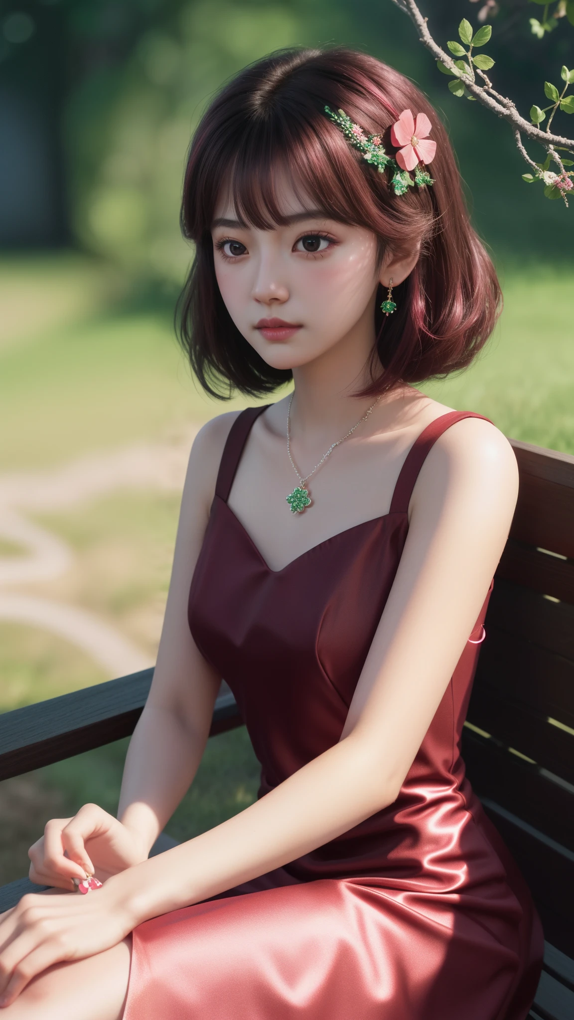 a girl, detailed hair, detailed eyes, shy, facial hair, clover hair ornament, jeweled branch of hourai, jewelry, light blush, light blush, musical note hair ornament, dark red dress, princess dress, red highlight, glowing light, ray tracing, bloom, chromatic aberration abuse, motion blur, 4K, UHD, masterpiece, sitting,