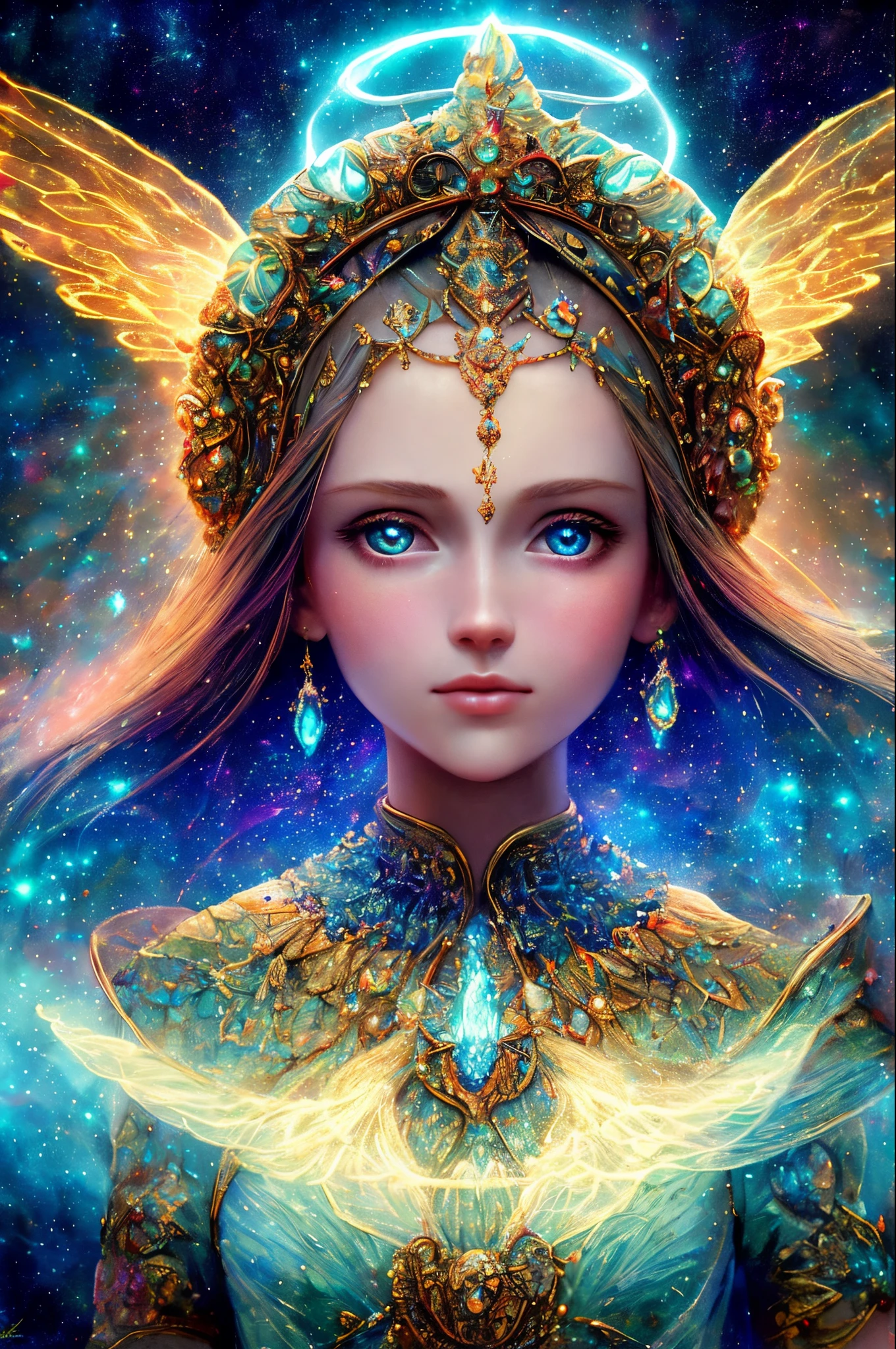 ((best quality)), ((masterpiece)), ((realistic)), portrait,
1girl, celestial, deity, goddess, light particles, halo, looking at viewer,
(bioluminescent:0.95), vibrant, colourful, color, (glowing, glow),
(beautiful composition), cinematic lighting, intricate, (symmetrical:0.5), whimsical,