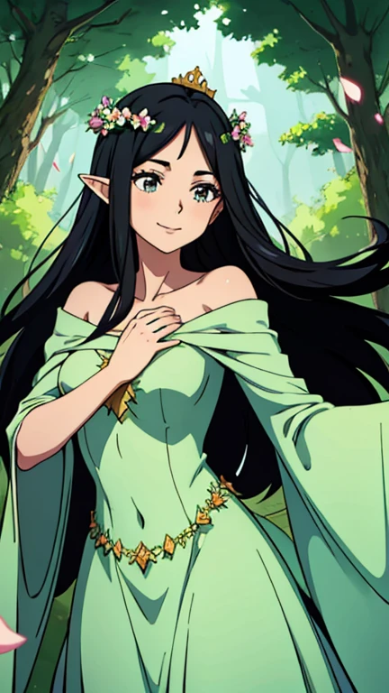 One girl forest fairy with black hair, hair lenght until bust, straight hair, hair parted in center of head, round face. hairstyle with a center part, that the hair should be parted down the middle, creating a symmetrical look without any frontal hair covering the forehead. A forest fairy. Standing, with wings. Long down, fairy gown, majestic dress. Long flowly dress. Forest fairy crown. Flowers, happy, smiling, fairy tail gown. Layered gown.