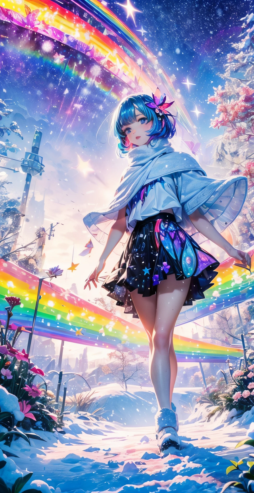 Melody Mark,top-quality、masutepiece、1womanl、独奏、(abstract art:1.4),(Psychedelia Theme:1.6),(Gunjo World:1.5),(Snow World:1.5),(Winter World:1.5),(At the center of the world is the most beautiful woman in the world),(many stars are falling:1.3),A ray of light spreads,Crystals spreading from the center,prisma(Nostalgic landscapes:1.5),(colorful flower:1.3),Garden Girl,gentle sunlight,Soft breeze,Delicate flowers,A rainbow-colored butterfly flaps its wings,Mesmerizing natural beauty,Fragments of Shining Stars,ice crystal,