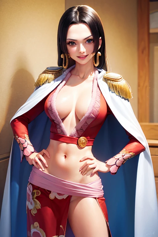 (masterpiece, best quality:1.2), cowboy shot, solo, 1girl, boa hancock, smile, looking at viewer, hand on hip, cape, epaulettes, cleavage, jewelry, earrings, midriff