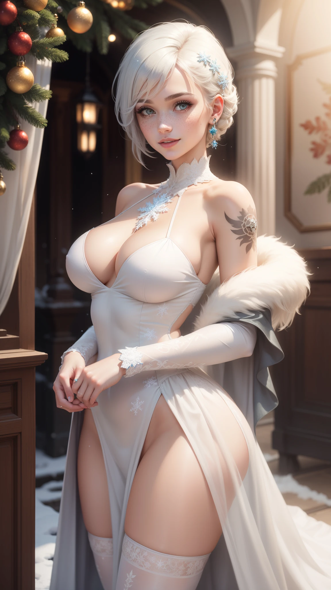 gwen tennyson,tracer,yorha 2b,rebecca chambers,nier automata,atelier ryza, close up,christmas forest,tattoos,white plugsuit,white short sleeve crystal top, silver embroidery long red snowflake gown dress,silver embroidery crystal corset,white panties,short hair,princess makeup,blue eyes,multicolored silver hair,sexy smile,freckles,beautiful girl, large breasts,white stockings,8k,ultra detailed,realistic,fantasy art,crystal armor,silver armor,fur cloak,snowflake princess dress,long dress train,crystal hair pin,ear piercings,christmas tree, snowflake hand and neck jewelry,(weather:snowflakes flying),