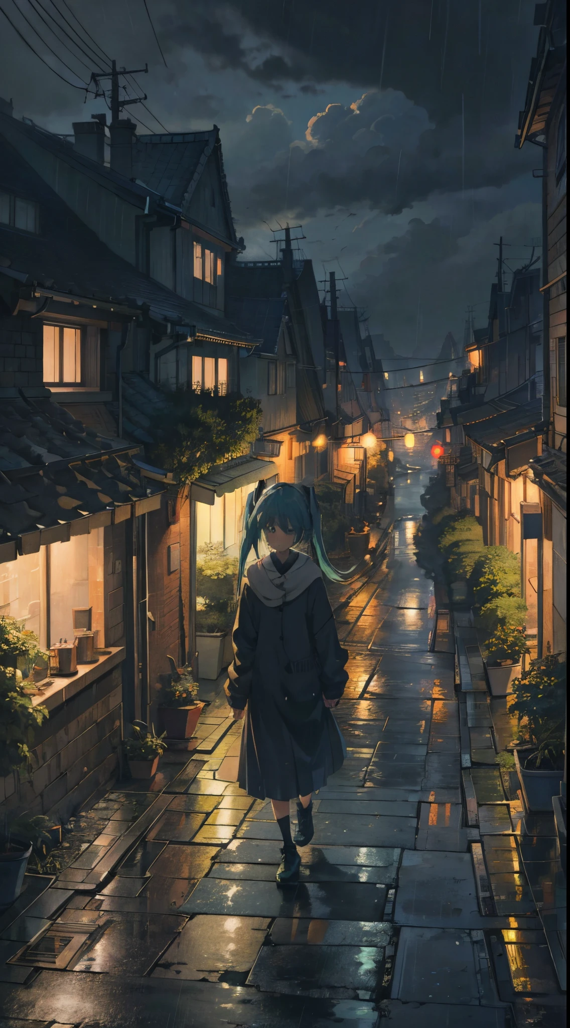 masterpiece, extremely detailed, best quality, (detailed background), 1girl, (solo), BREAK (facing viewer, visible face, face, looking at viewer), (hatsune miku), building, city, cityscape, cloud, cloudy sky, grey sky, outdoors, tree, rain, scenery, sky, (solo), dim, (night), BREAK walking towards viewer, street light, wet, sidewalk, sad, twintails